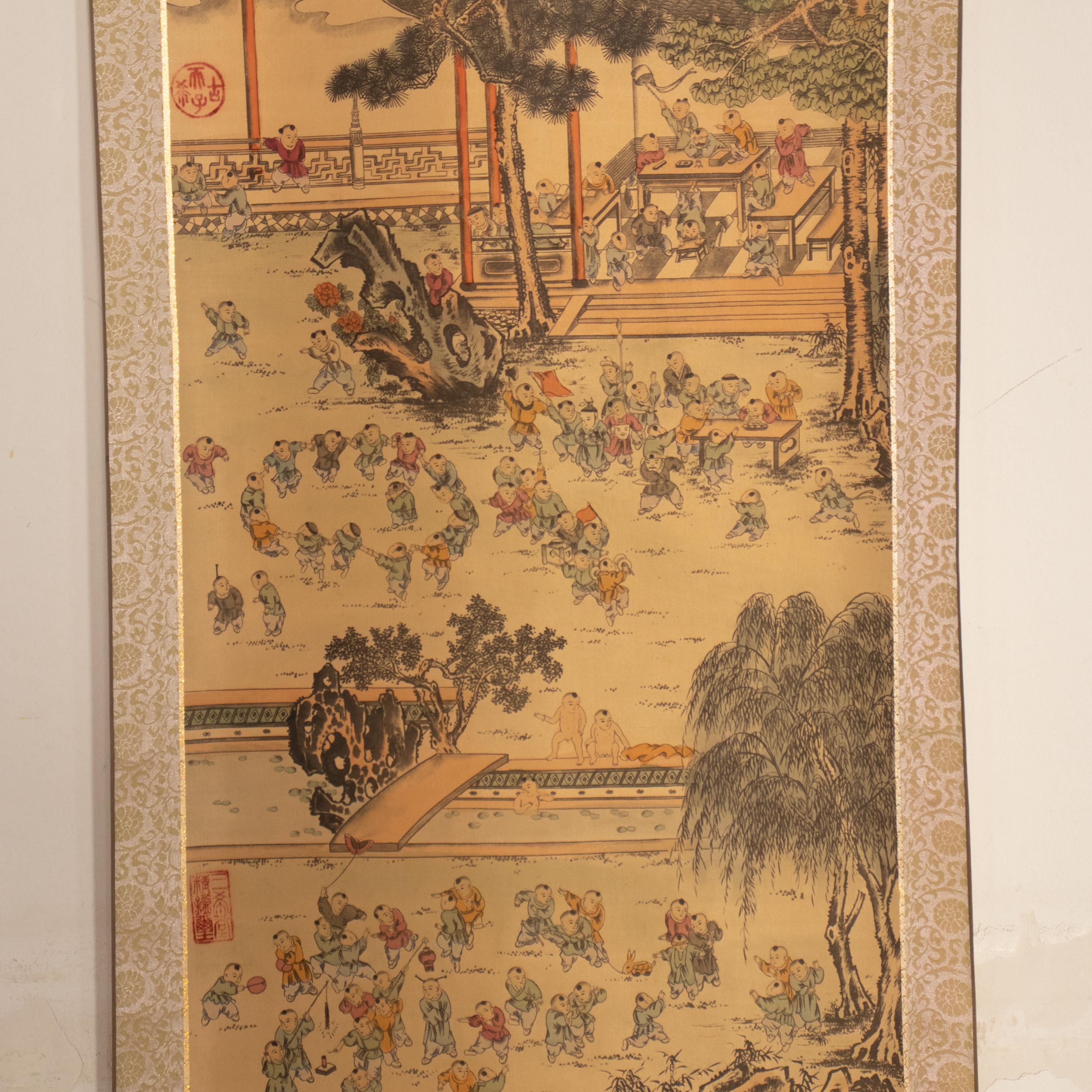 Vintage Chinese Scroll Painting Rice Paper Painted Blue de Hue Porcelain In Excellent Condition In Milano, IT