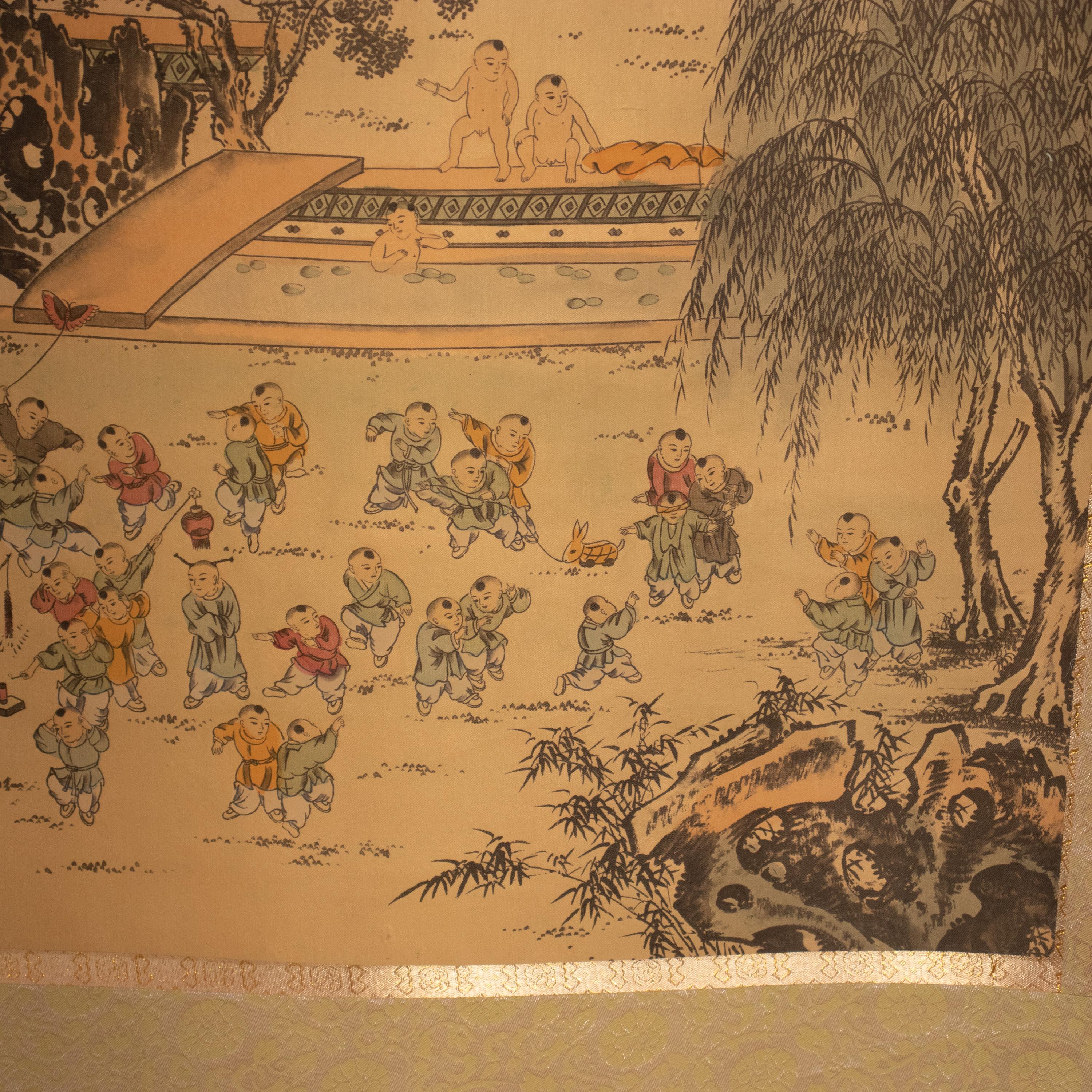 20th Century Vintage Chinese Scroll Painting Rice Paper Painted Blue de Hue Porcelain