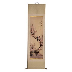 Vintage Chinese Scroll Painting Rice Paper Painted Blue de Hue Porcelain