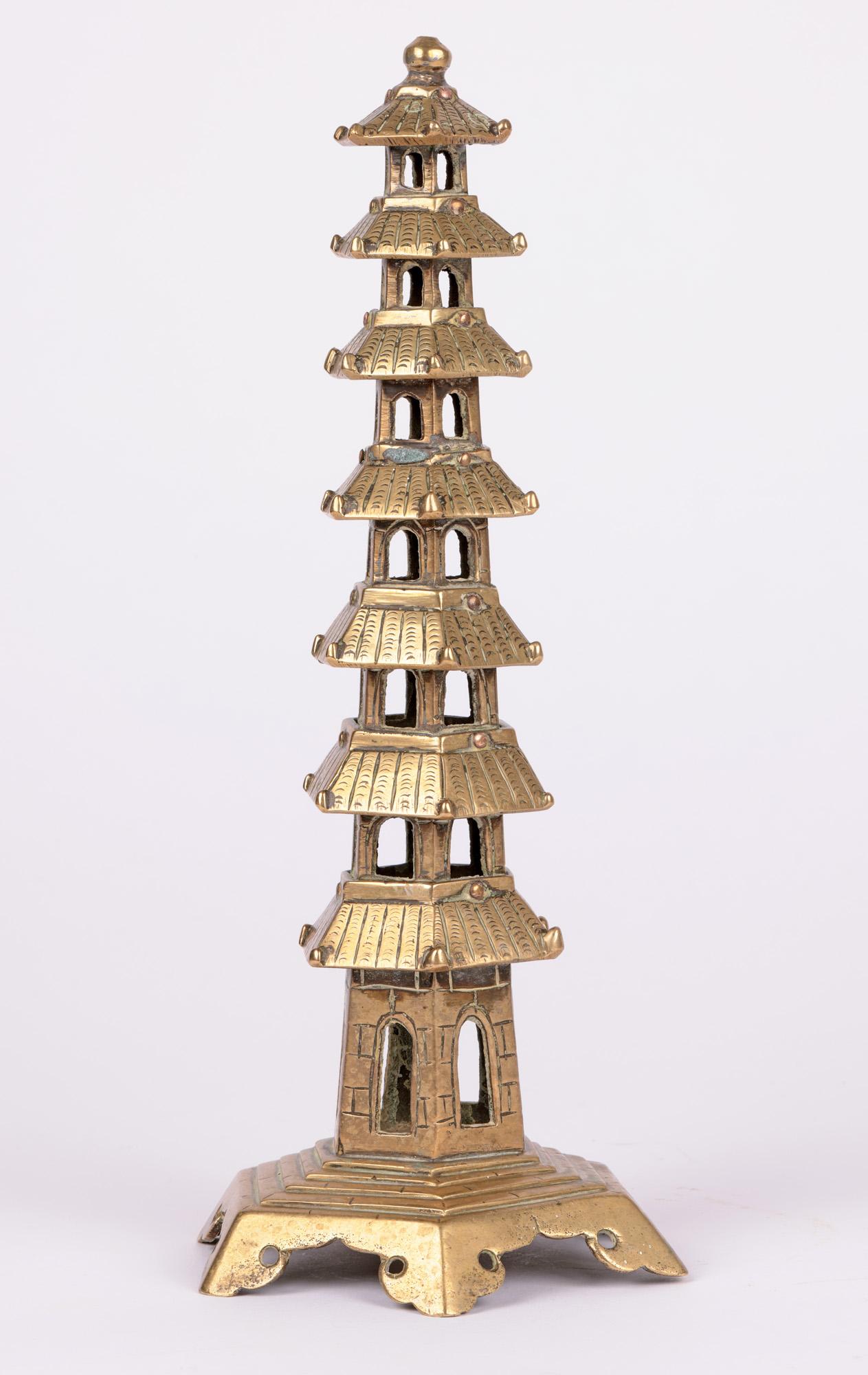 Hand-Crafted Vintage Chinese Seven Tier Brass Pagoda Incense Burner For Sale