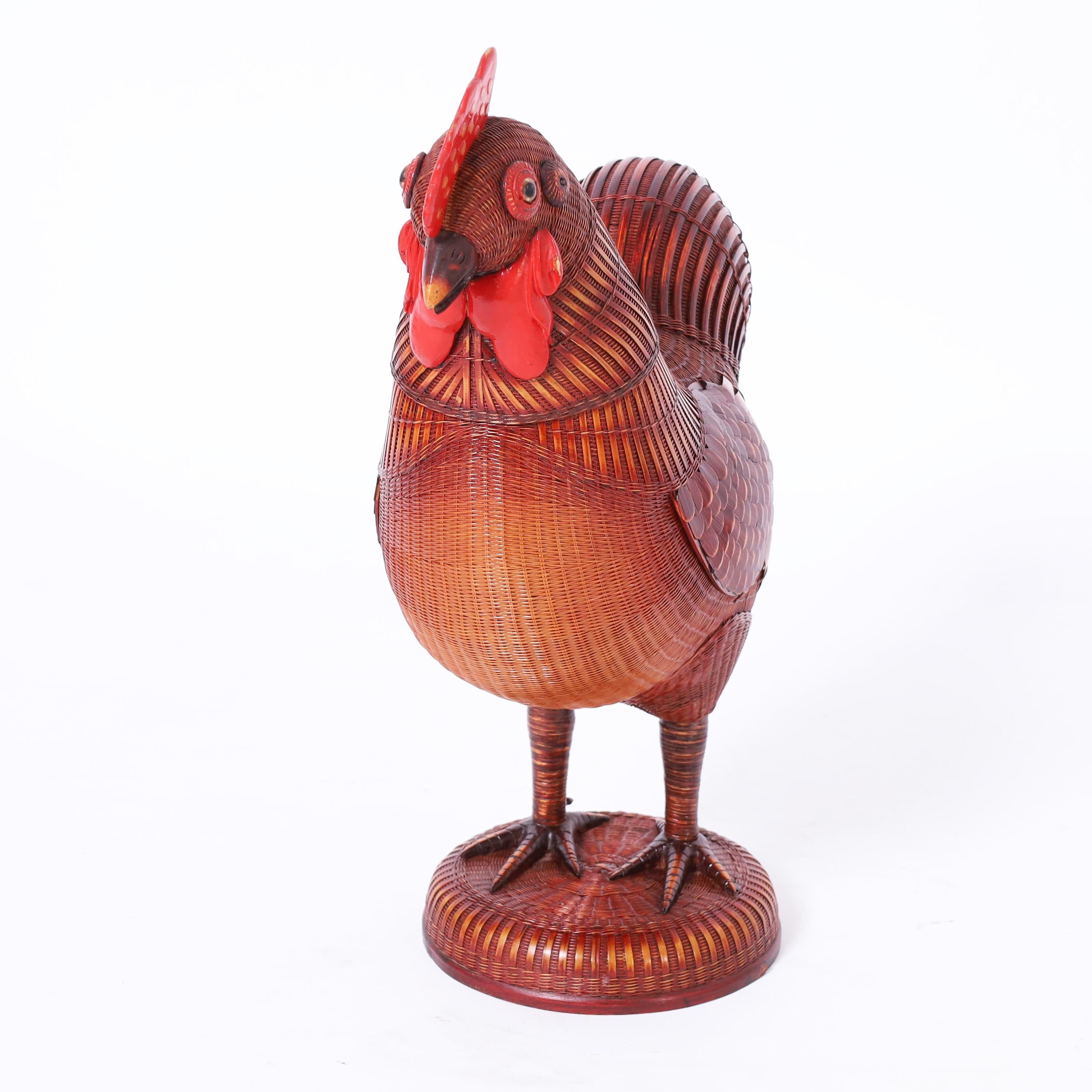 Charming vintage Chinese rooster and hen ambitiously hand crafted in wicker and reed with painted wood highlights and removable heads. From the famed Shanghai Collection.

From left to right:

H: 17 W: 14 D: 6

H: 15 W: 16 D: 7