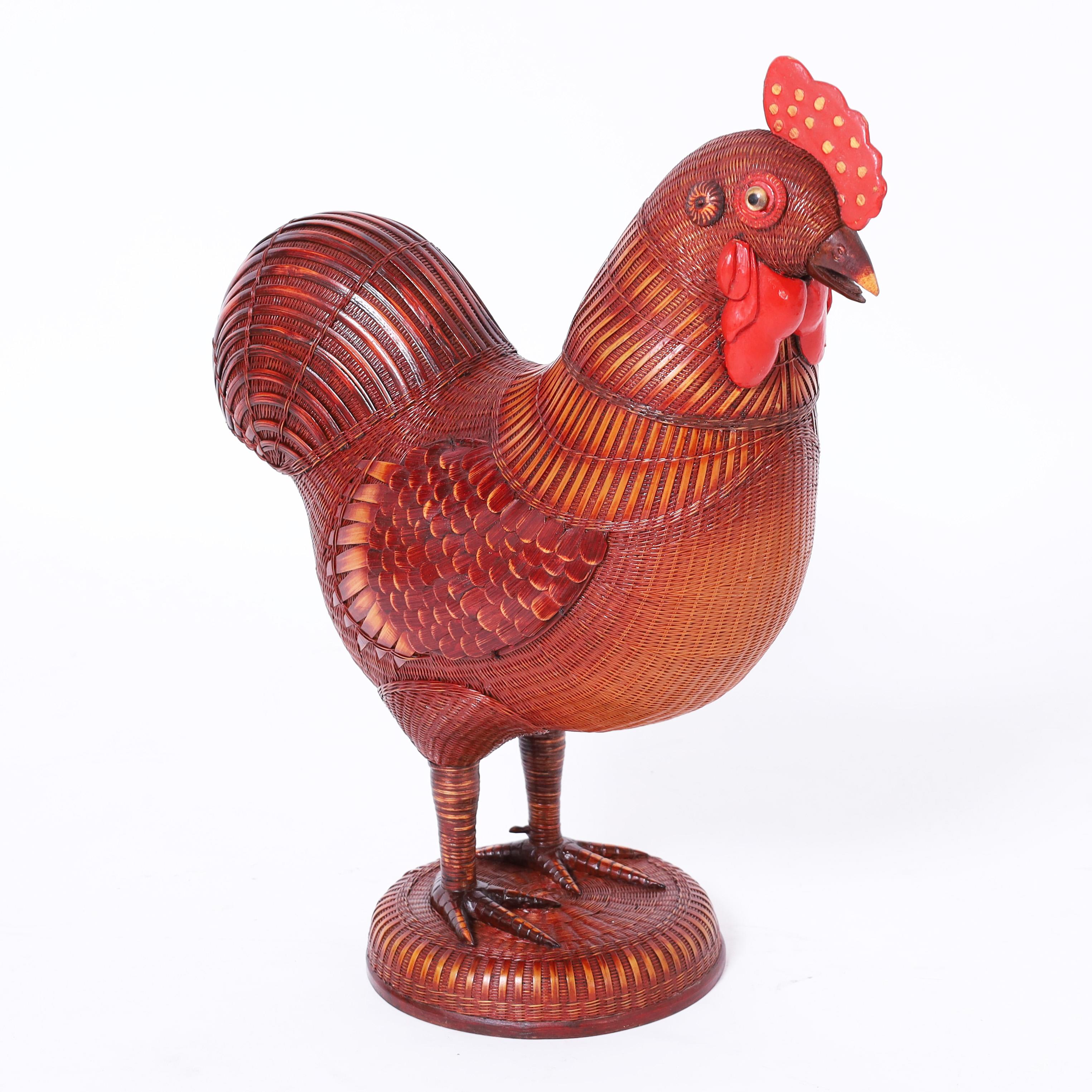 Mid-Century Modern Vintage Chinese Shanghai Wicker Rooster and Hen