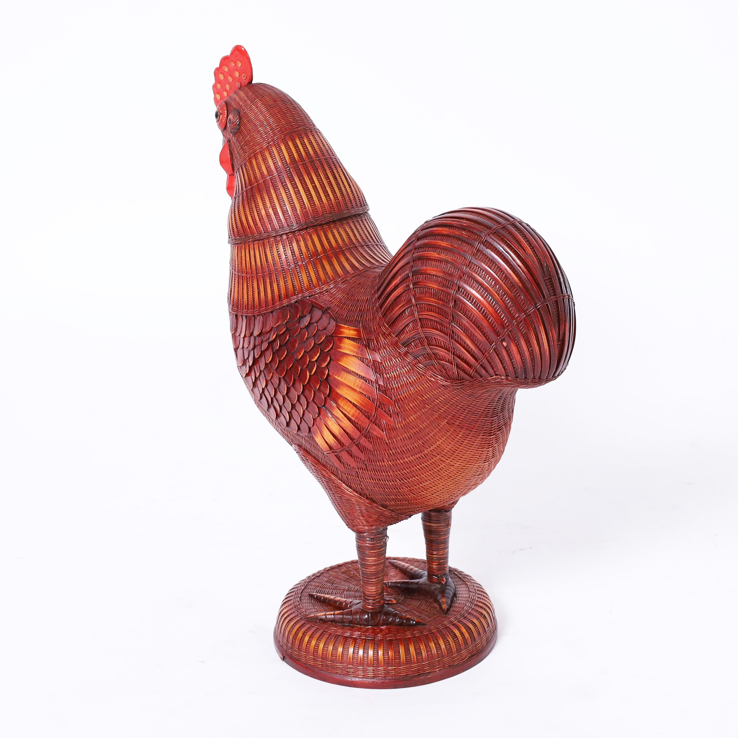 Hand-Woven Vintage Chinese Shanghai Wicker Rooster and Hen