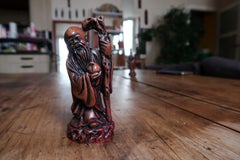 Vintage Chinese Shoulao God of Longevity Figurine, Sanxing, Red Resin - 2C139
