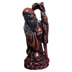 Vintage Chinese Shoulao God of Longevity Figurine, Sanxing, Red Resin - 2C139