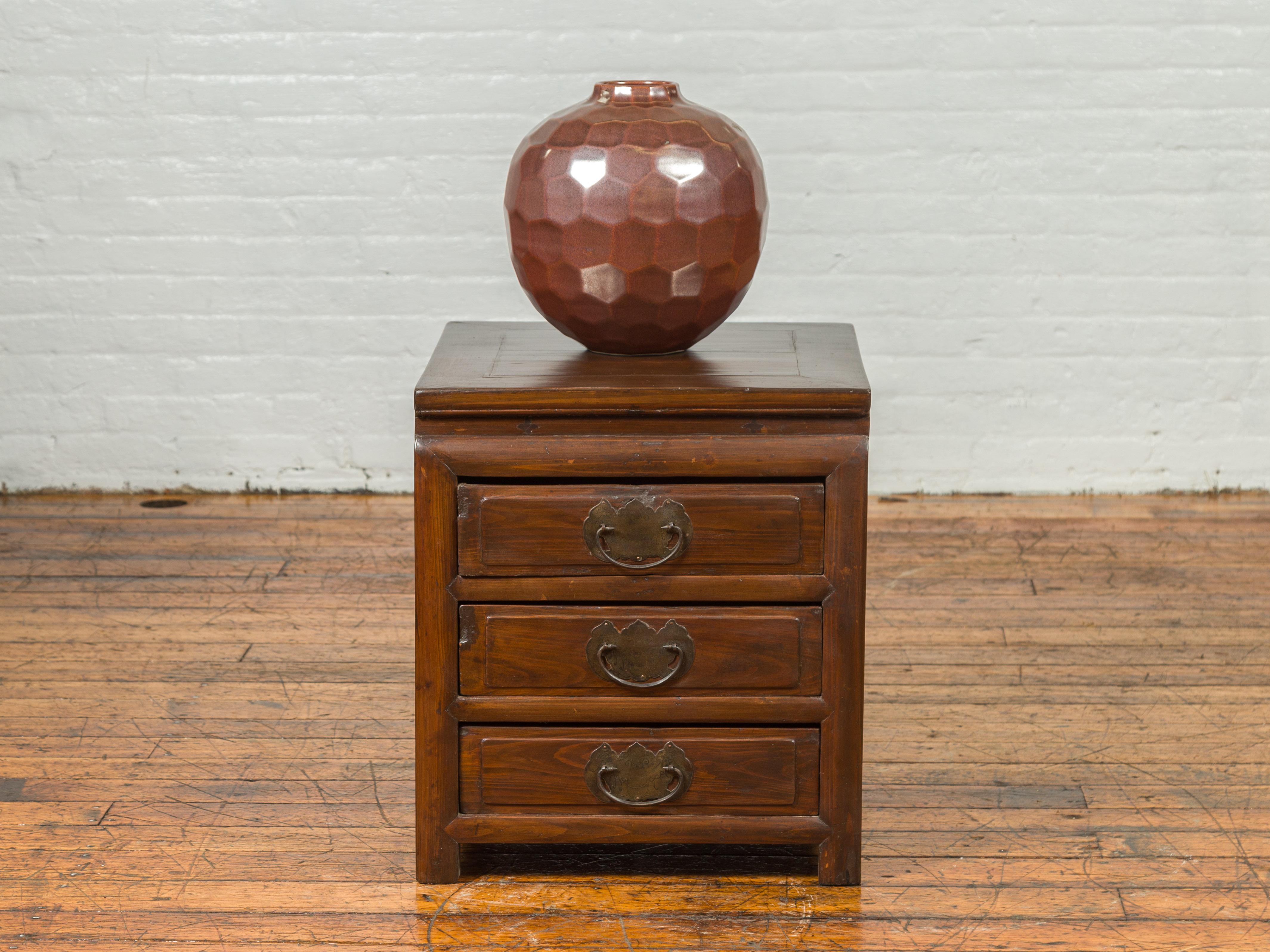 Chinese Midcentury Side Chest with Three-Drawers and Traditional Butterfly Hardware For Sale