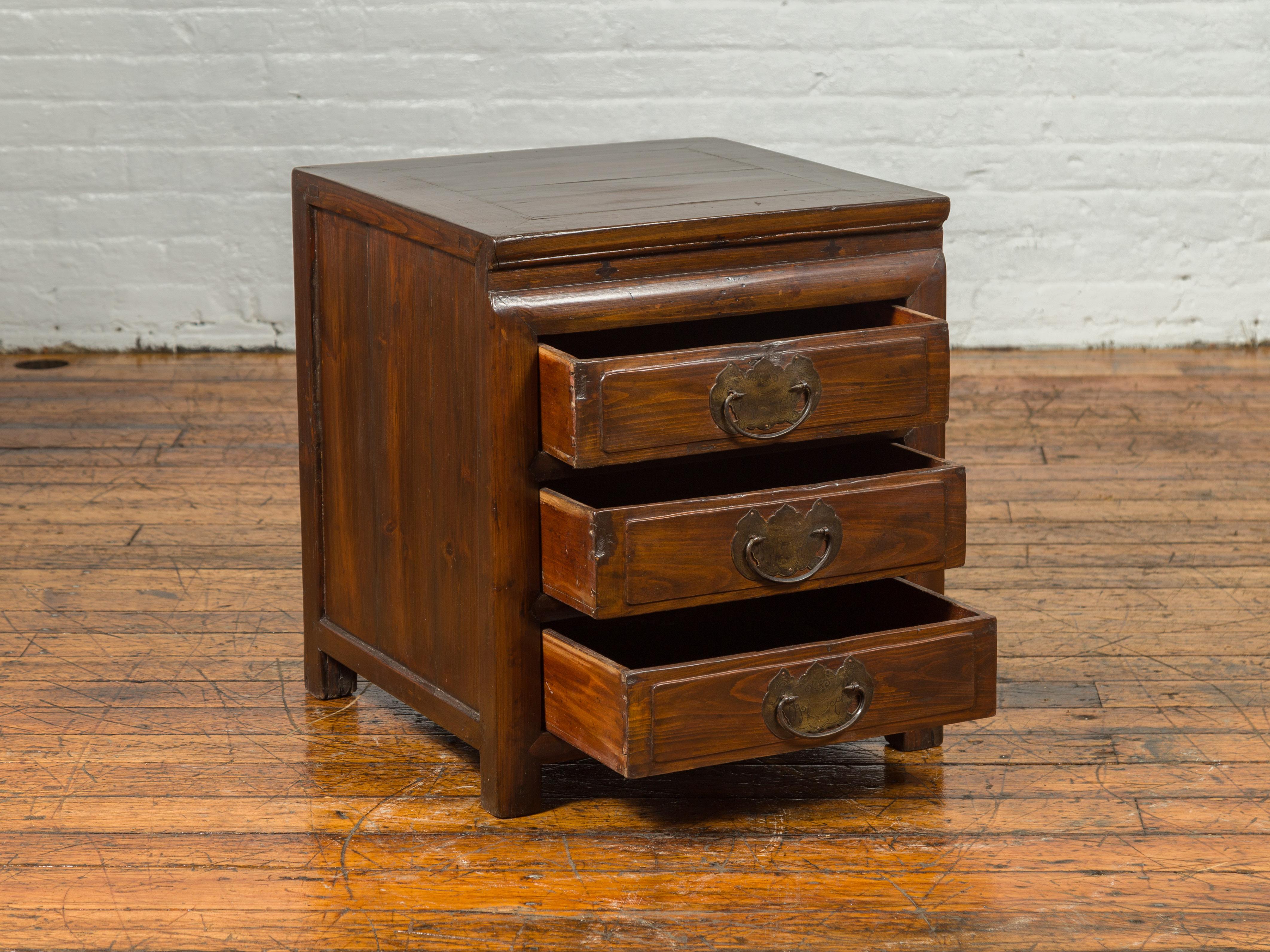 20th Century Midcentury Side Chest with Three-Drawers and Traditional Butterfly Hardware For Sale