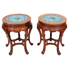 Vintage Chinese Side Table Pedestal Teak Cloisonne Plates