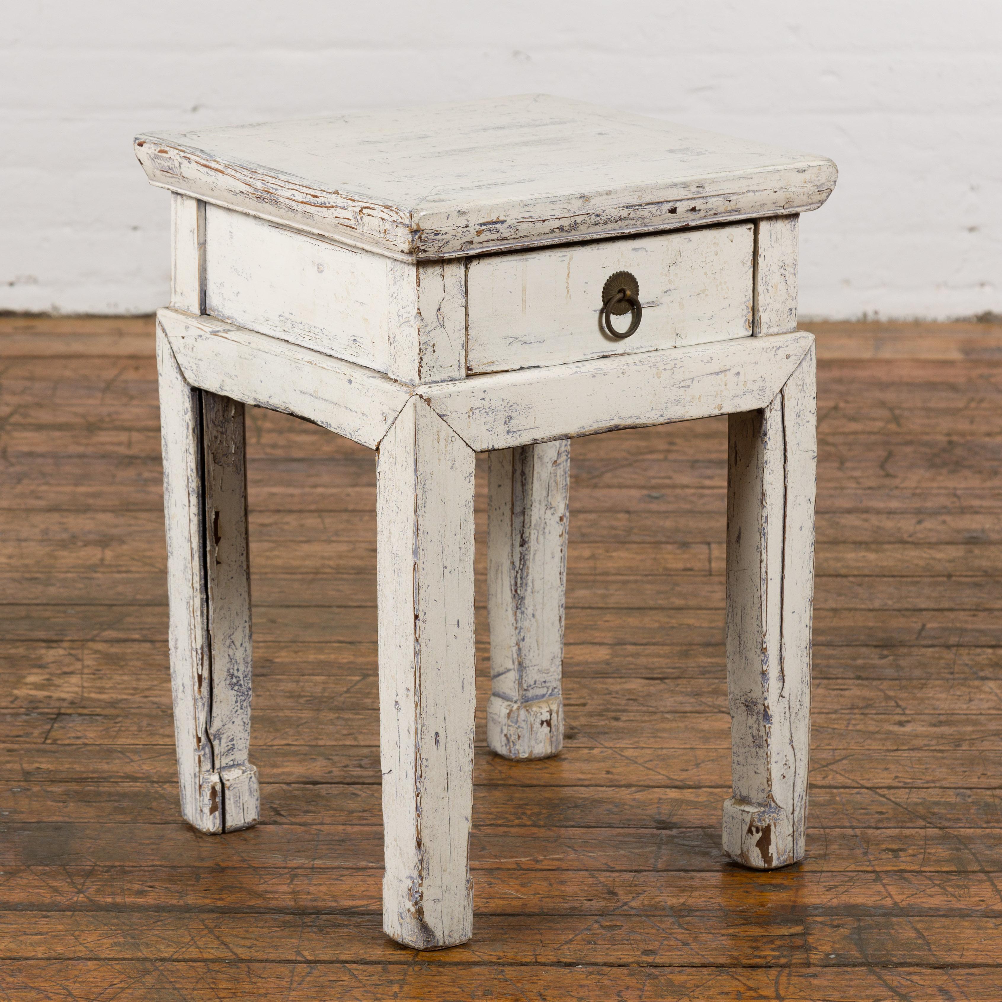 Vintage Chinese Side Table with Whitewash Finish and Horse Hoof Legs For Sale 6