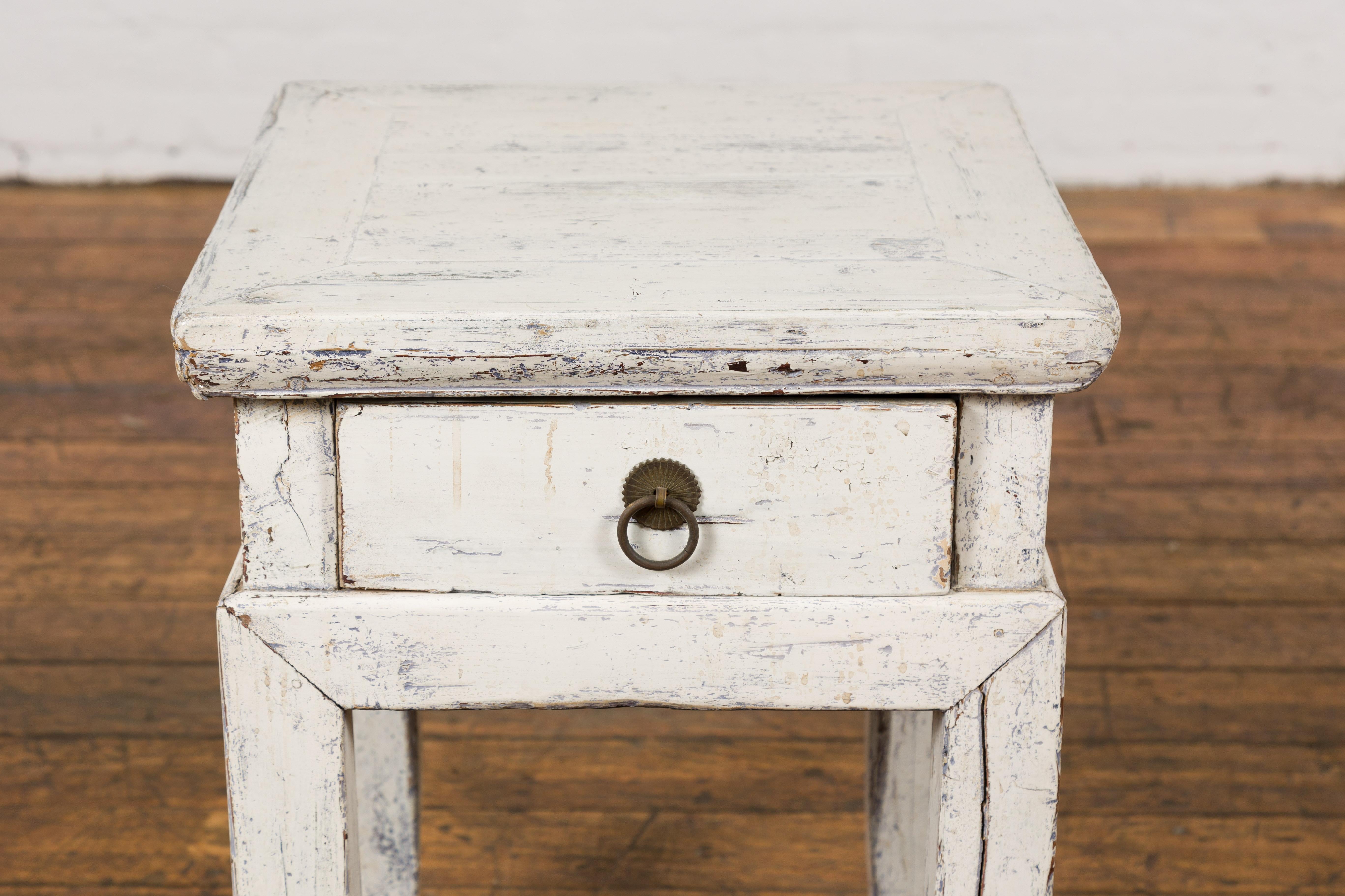 Mid-Century Modern Vintage Chinese Side Table with Whitewash Finish and Horse Hoof Legs For Sale