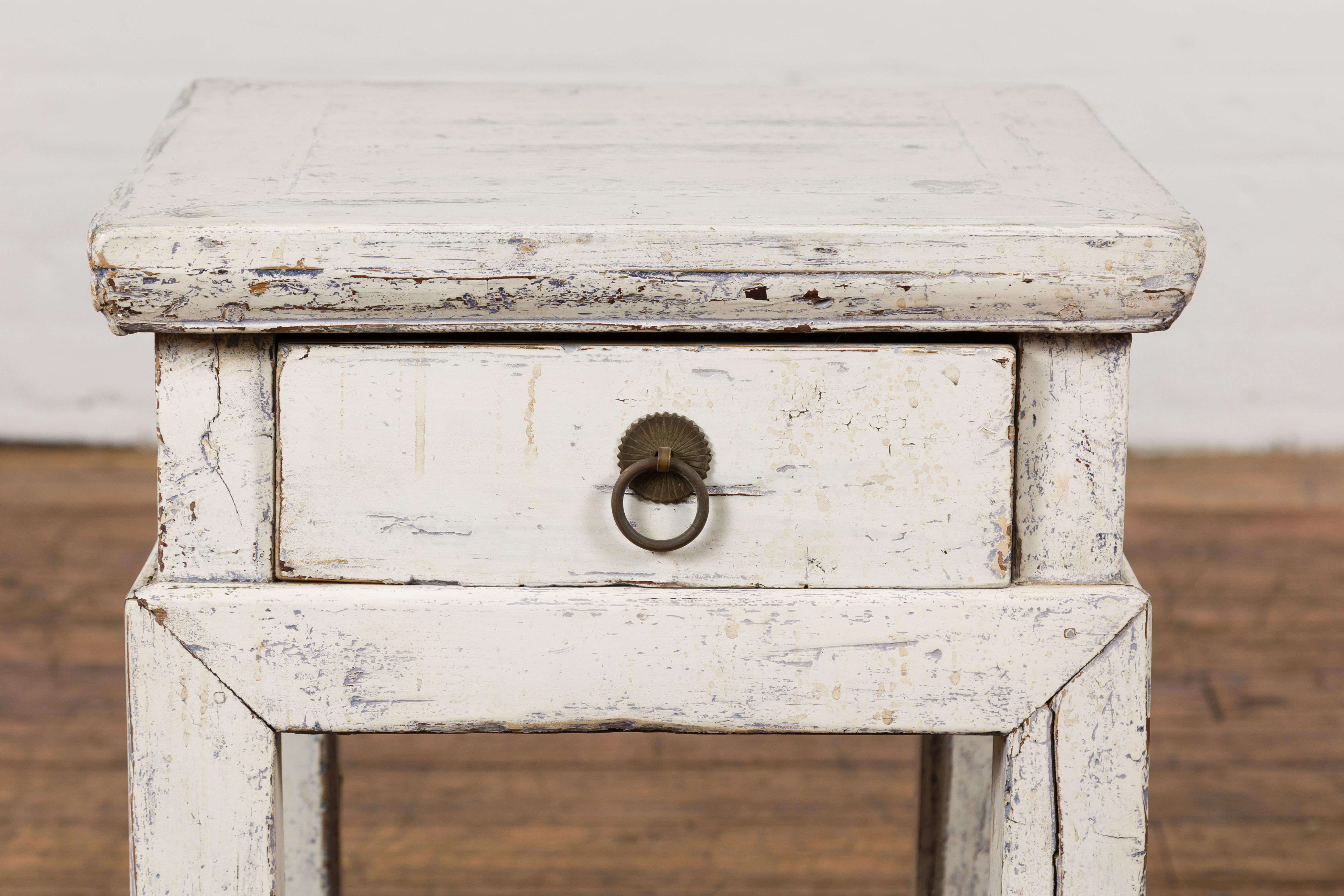 Painted Vintage Chinese Side Table with Whitewash Finish and Horse Hoof Legs For Sale