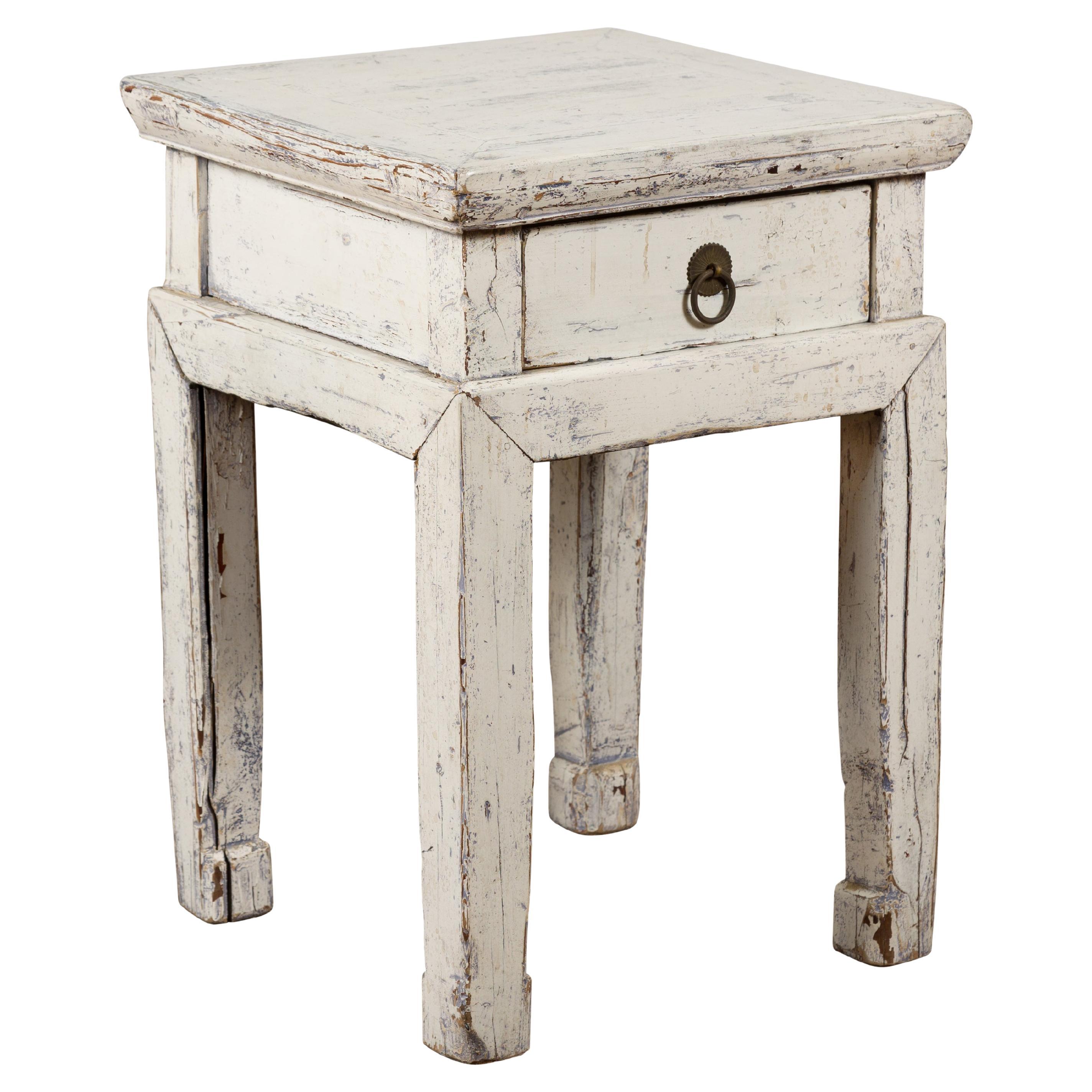 Vintage Chinese Side Table with Whitewash Finish and Horse Hoof Legs For Sale