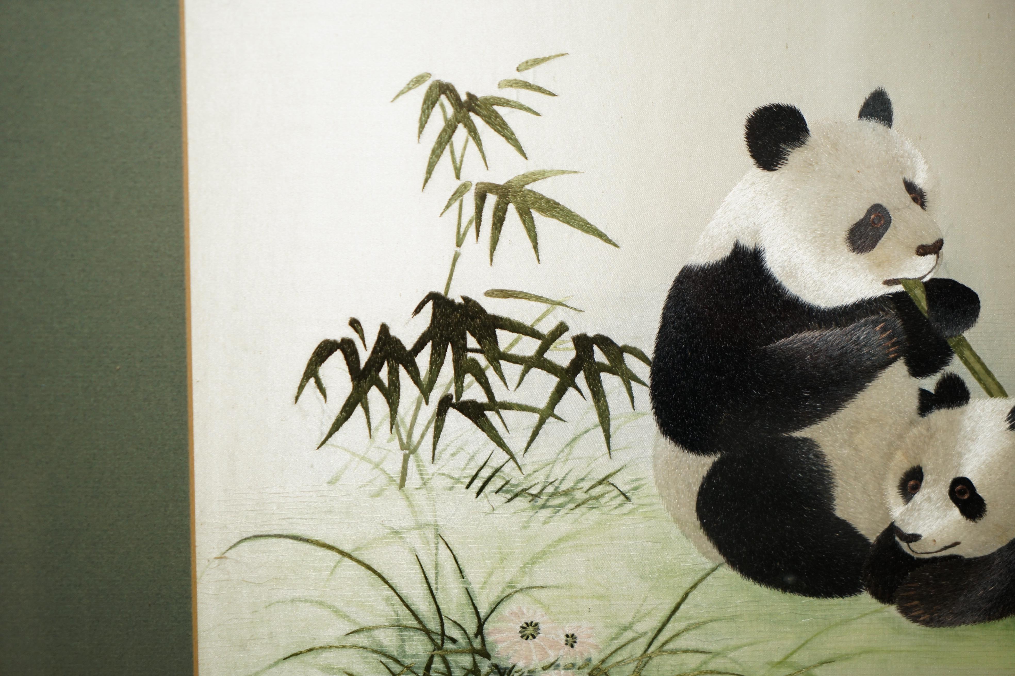 Chinese ViNTAGE CHINESE SILK EMBROIDERED TAPESTRY DEPICTING PANDAS HAVING FUN IN FOREST For Sale