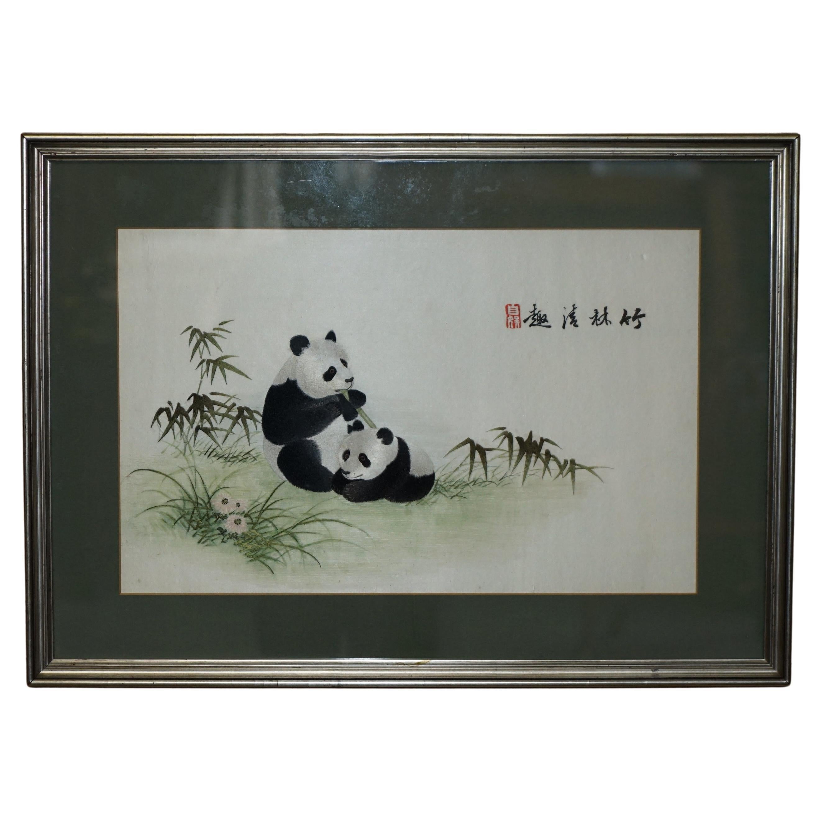 ViNTAGE CHINESE SILK EMBROIDERED TAPESTRY DEPICTING PANDAS HAVING FUN IN FOREST For Sale