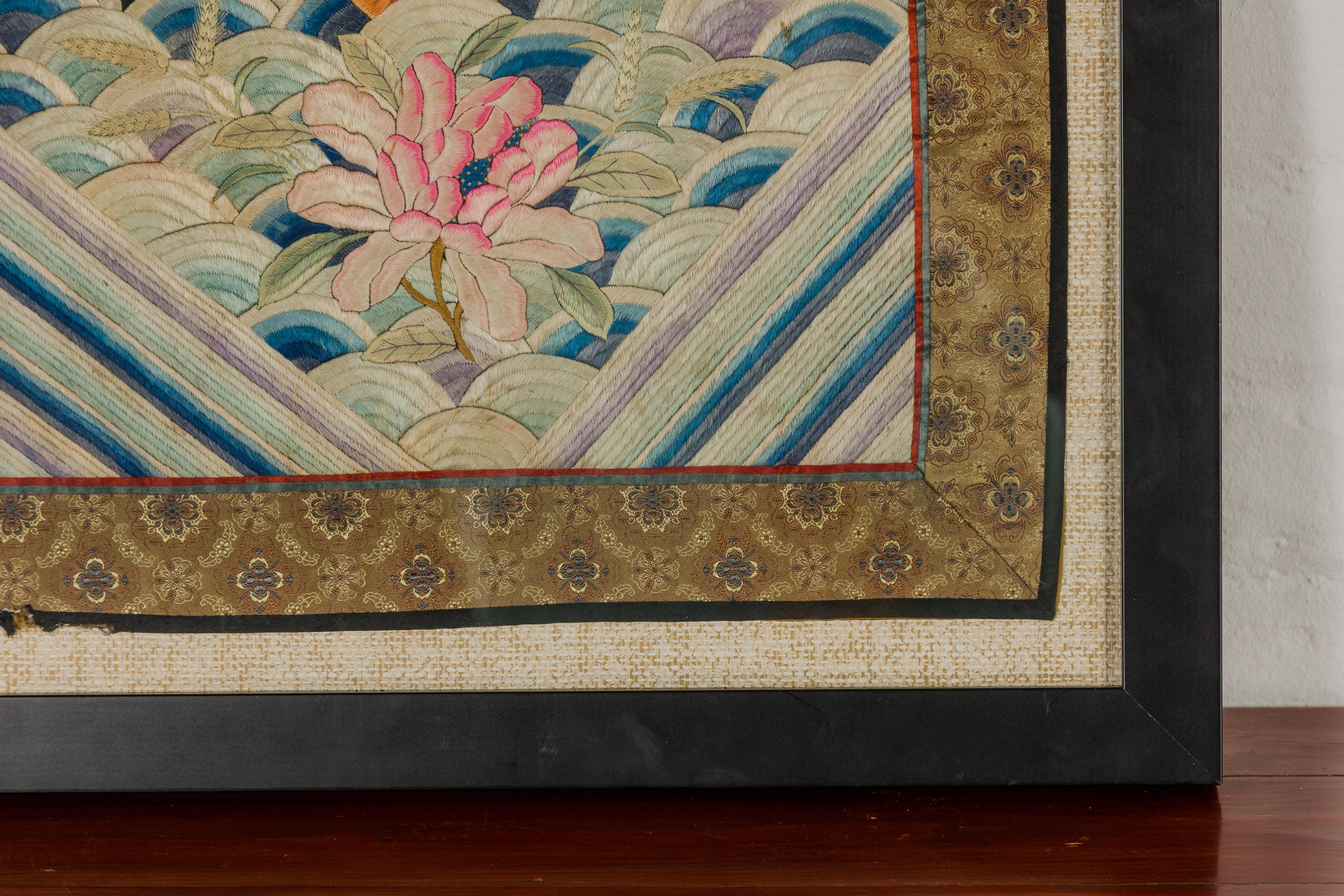 Vintage Chinese Silk Fabric with Flower and Sun Motif in Custom Black Frame For Sale 5