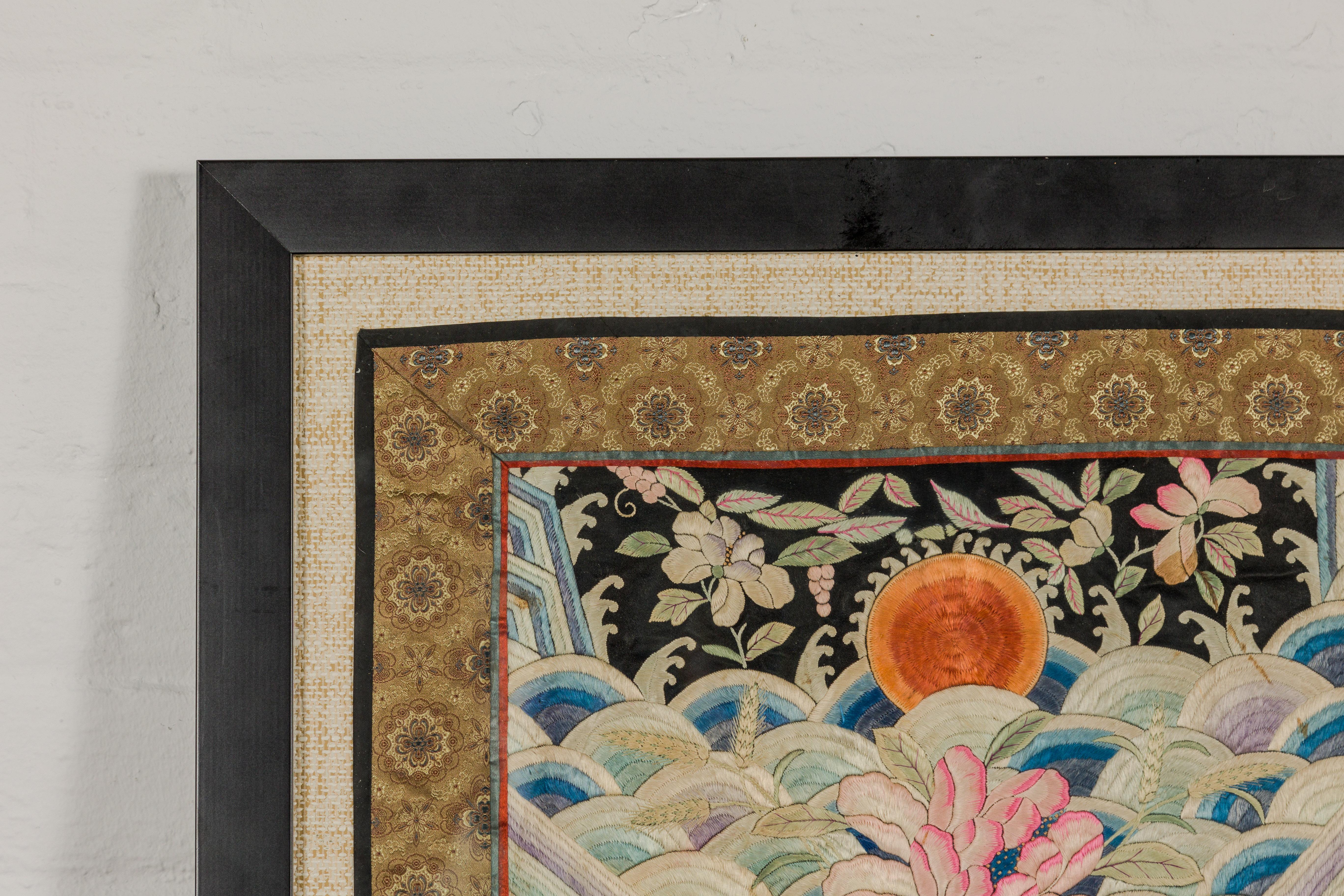 Vintage Chinese Silk Fabric with Flower and Sun Motif in Custom Black Frame For Sale 8