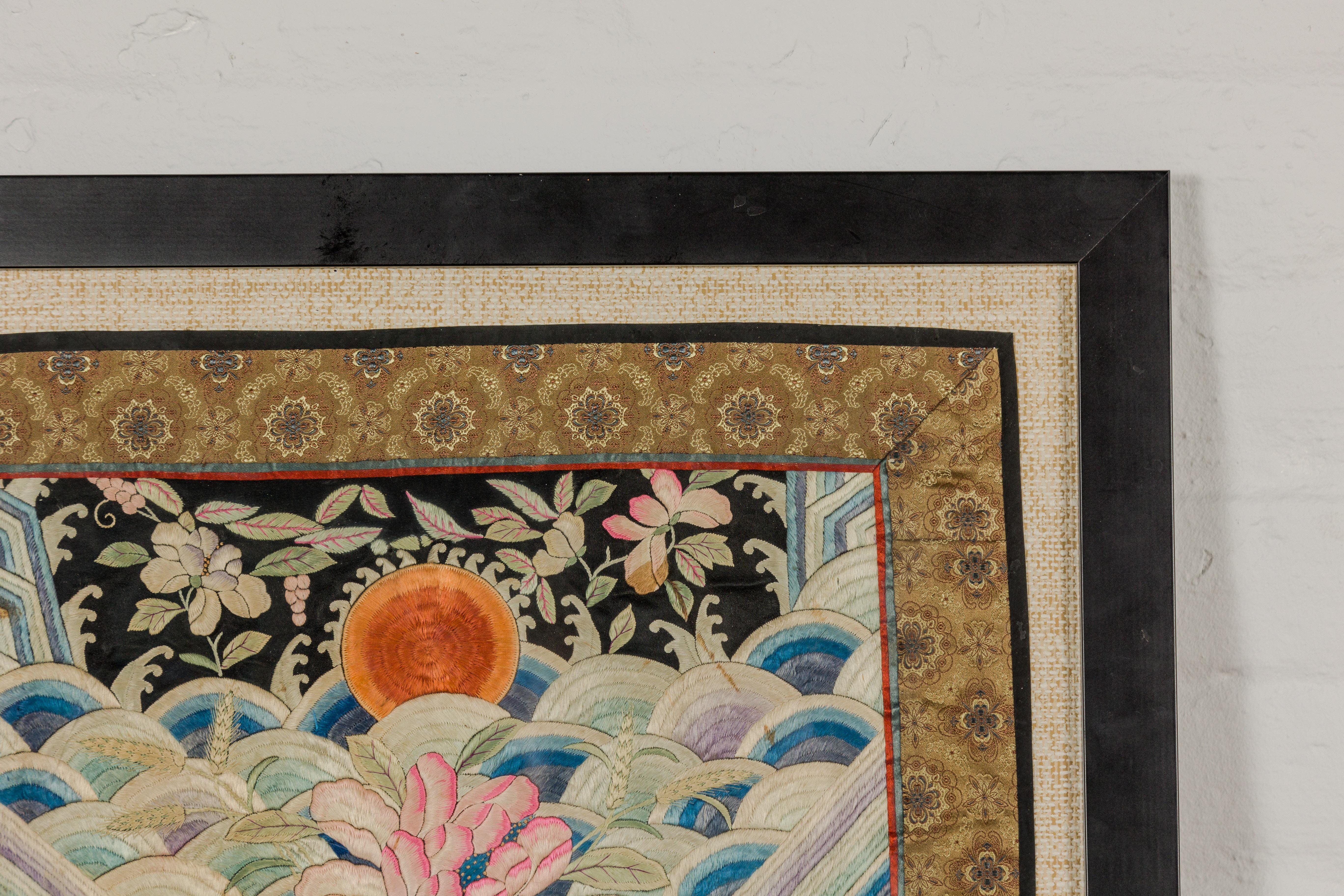 Vintage Chinese Silk Fabric with Flower and Sun Motif in Custom Black Frame For Sale 9