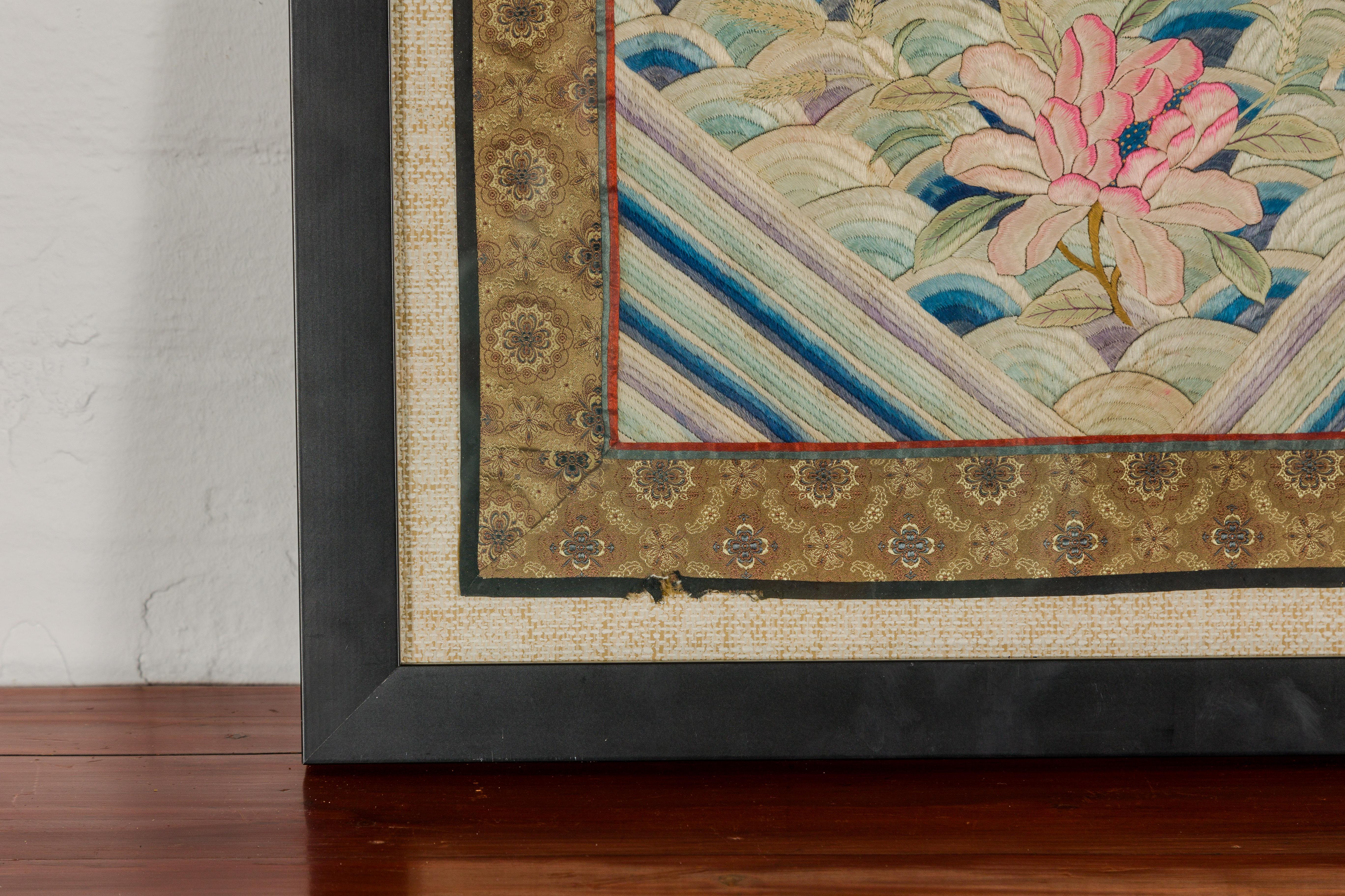 Vintage Chinese Silk Fabric with Flower and Sun Motif in Custom Black Frame For Sale 10