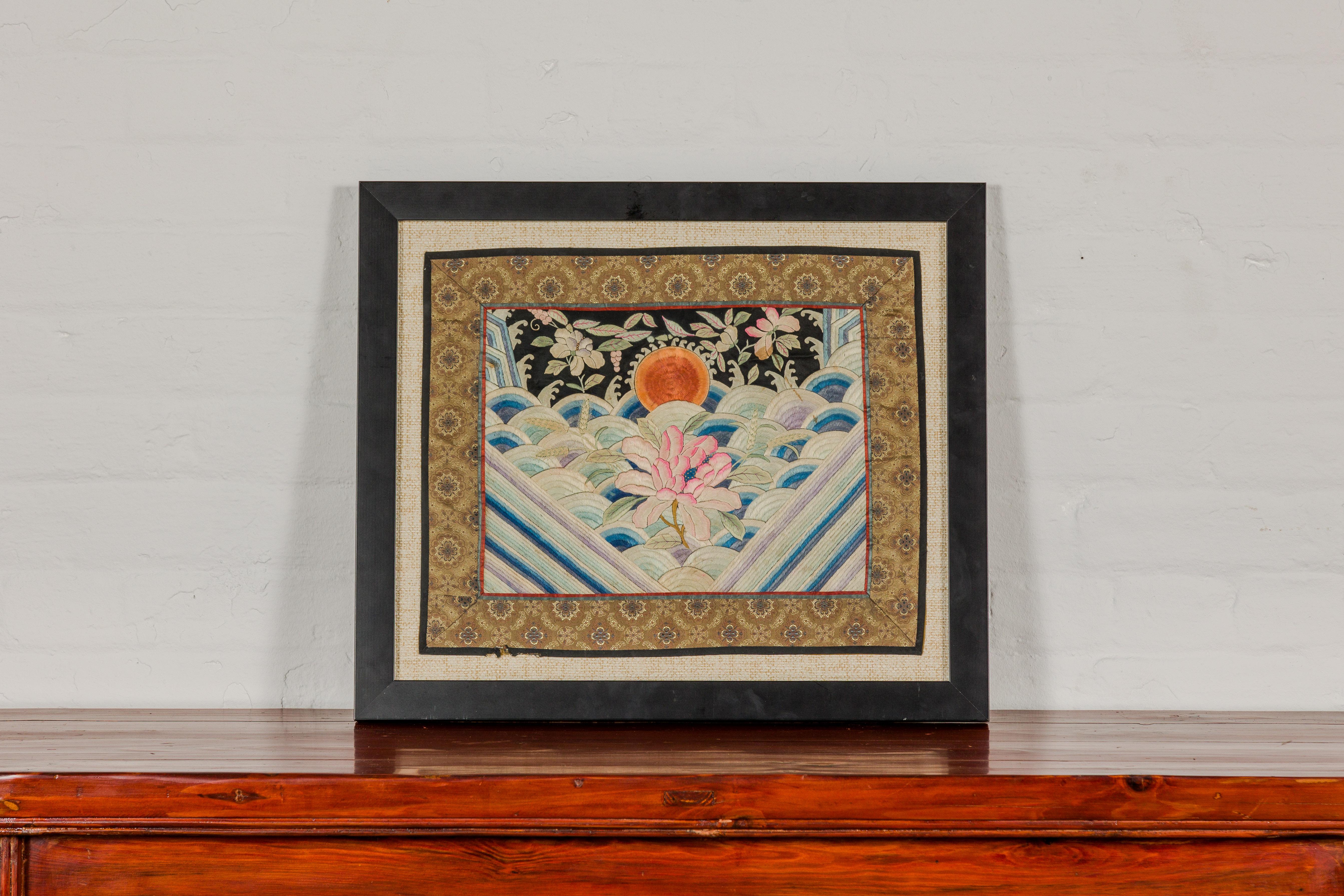 Vintage Chinese Silk Fabric with Flower and Sun Motif in Custom Black Frame For Sale 11