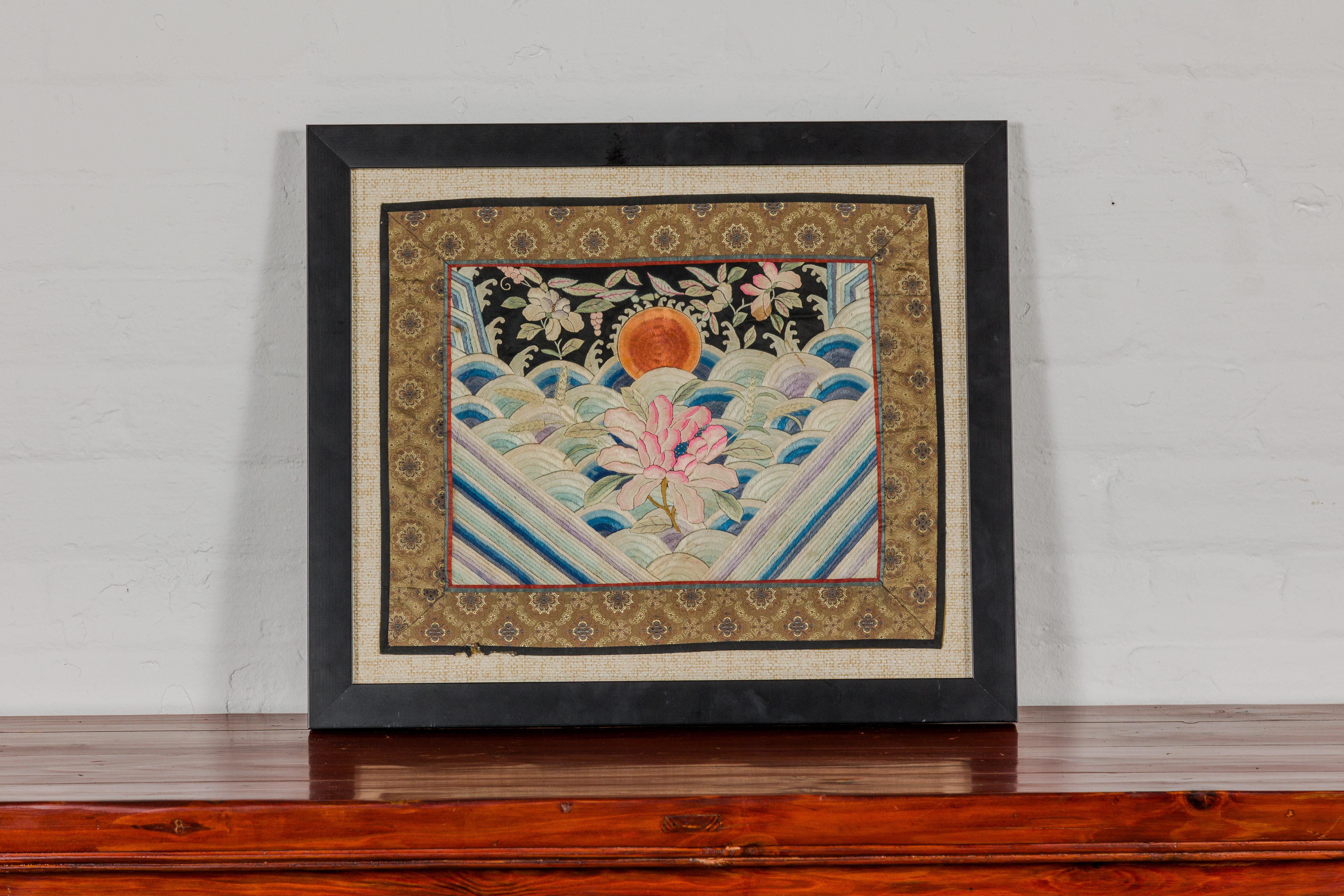 Vintage Chinese Silk Fabric with Flower and Sun Motif in Custom Black Frame For Sale 12