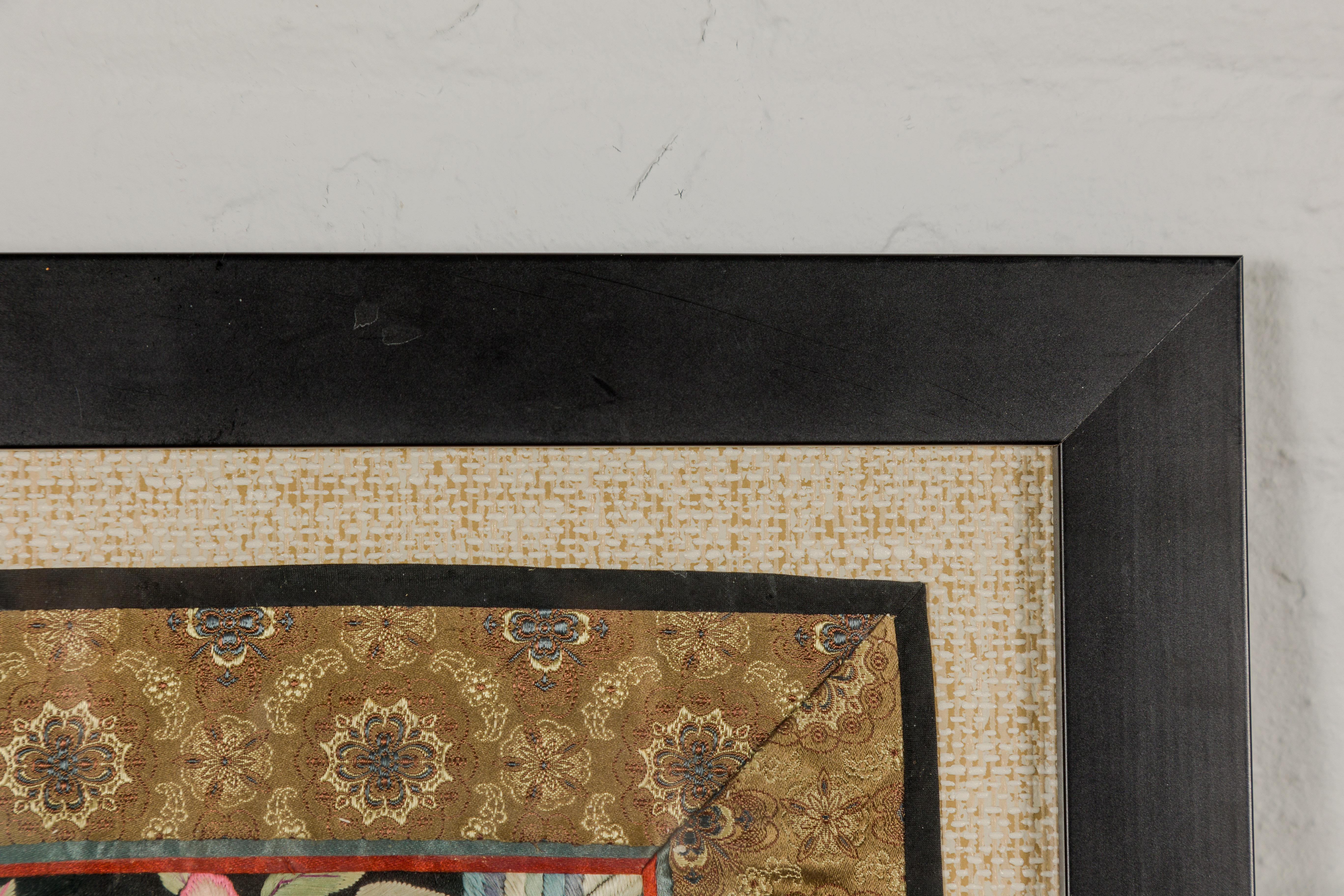 Vintage Chinese Silk Fabric with Flower and Sun Motif in Custom Black Frame For Sale 1
