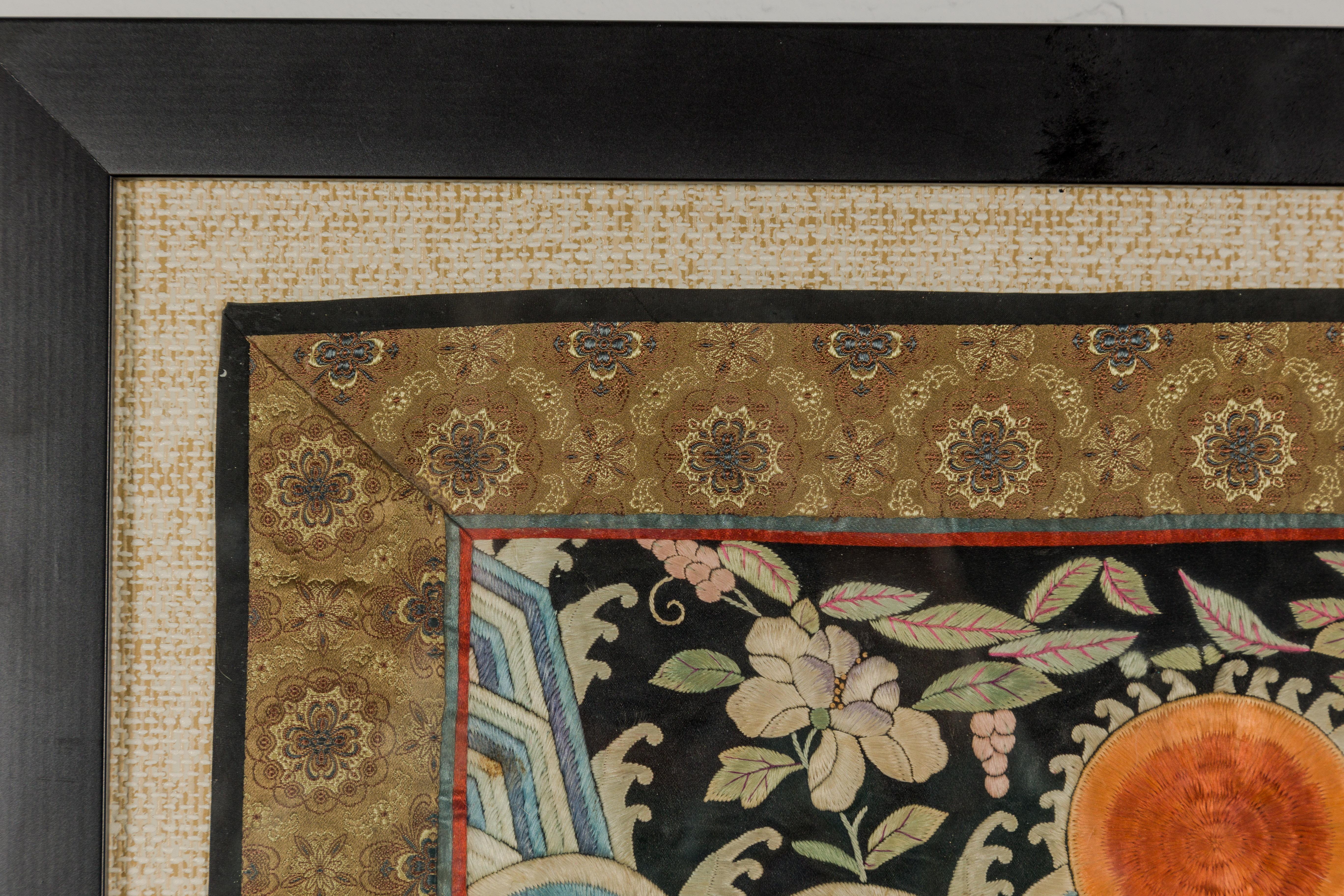 Vintage Chinese Silk Fabric with Flower and Sun Motif in Custom Black Frame For Sale 4
