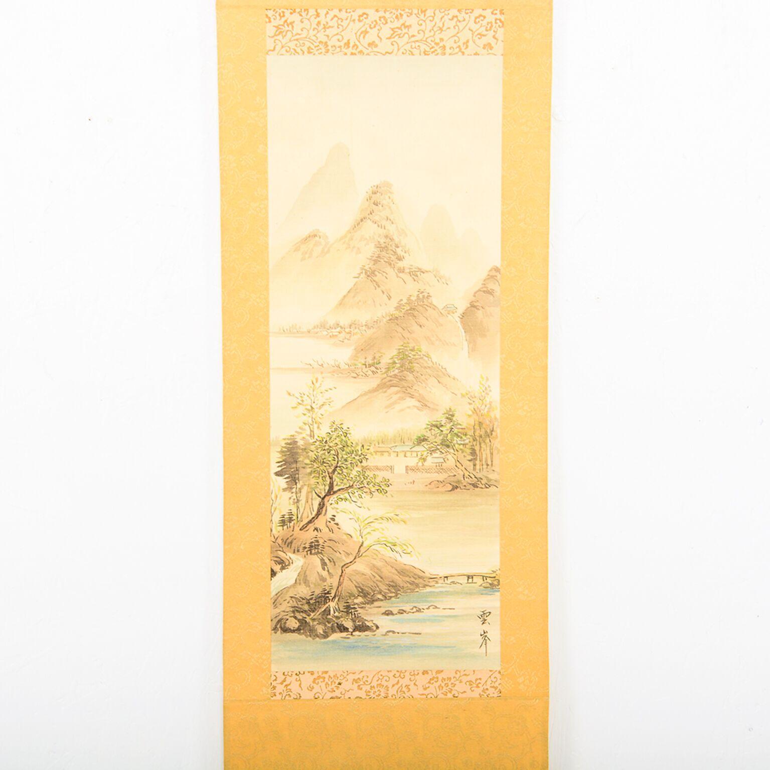 For your pleasure: a lovely vintage Chinese silk mountain landscape scene scroll wall art hanging decoration. Hand painted on silk. Signed lower right corner. Dimensions: 10 1/2