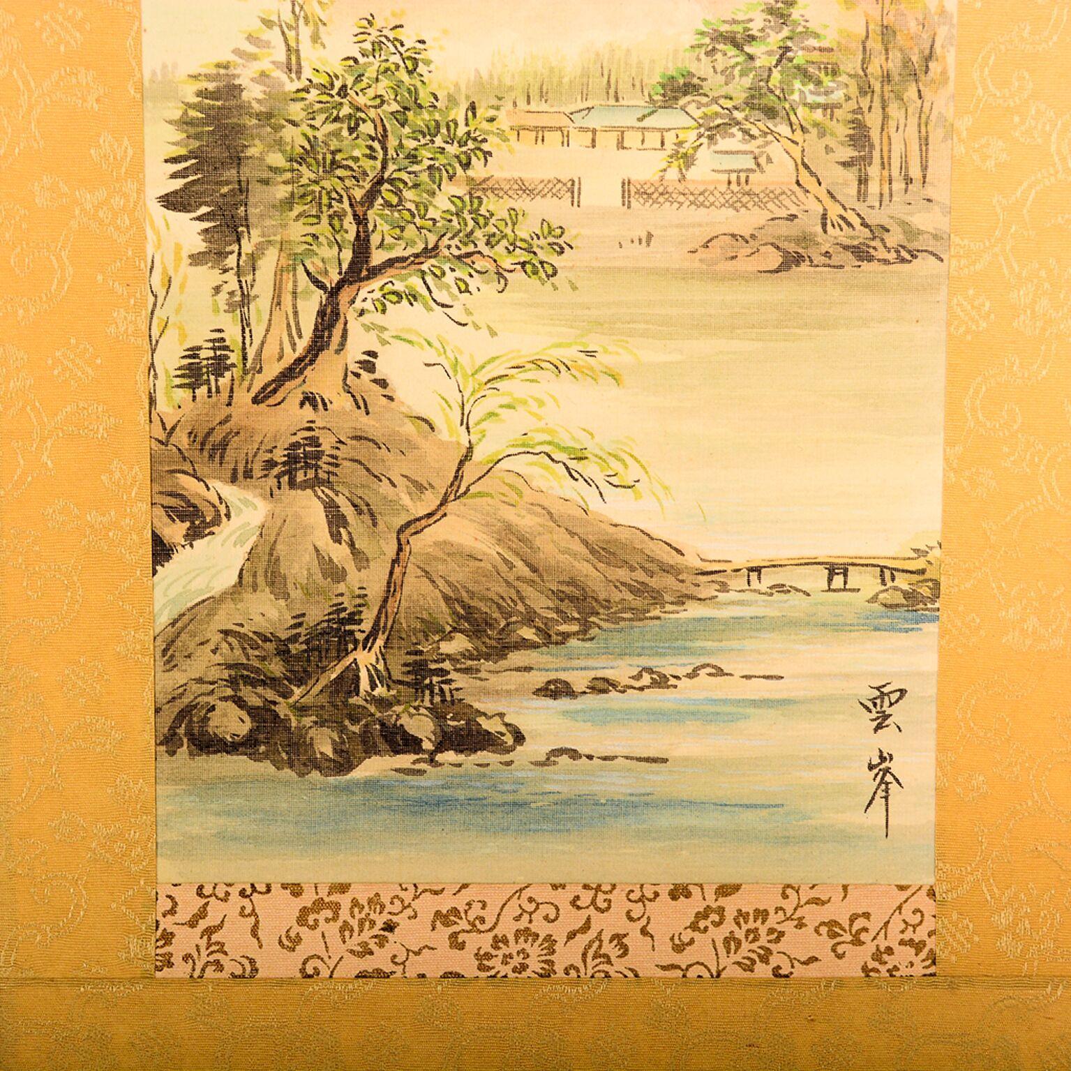 Vintage Chinese Silk Landscape Scroll Wall Art Hanging Decor 2 In Good Condition In Chula Vista, CA