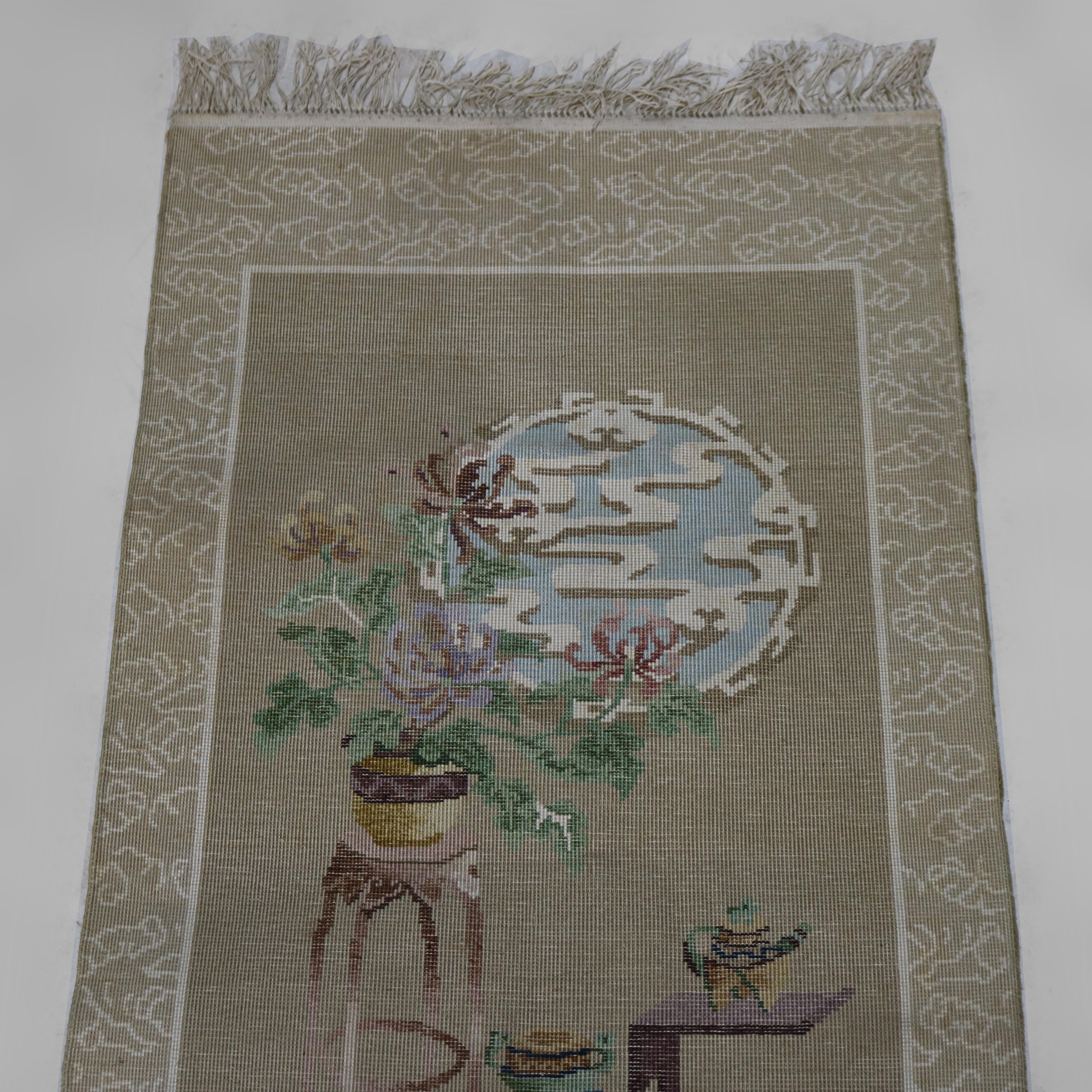 Vintage Chinese Silk Rug with Garden Scene C1940 For Sale 6