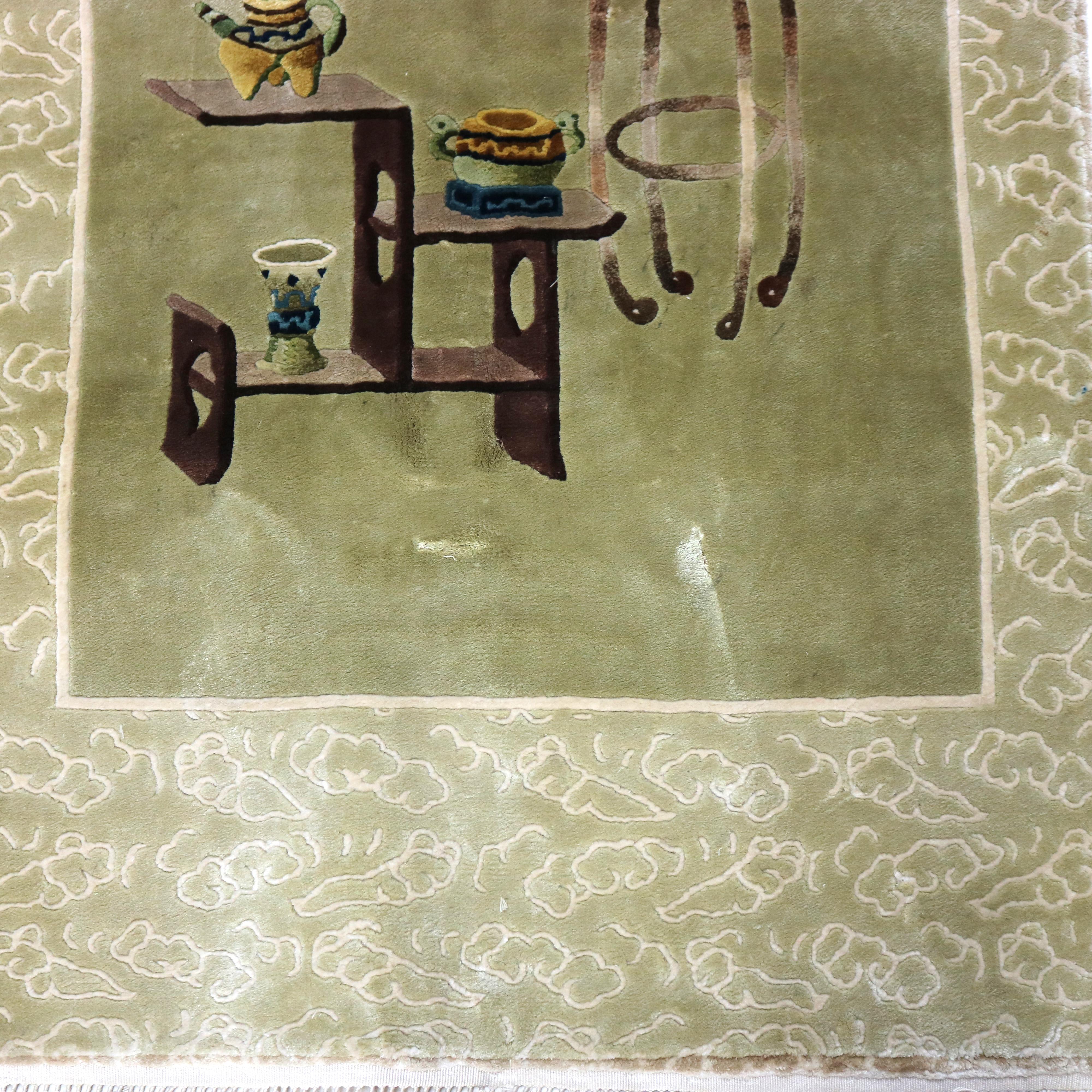 Vintage Chinese Silk Rug with Garden Scene C1940 For Sale 8