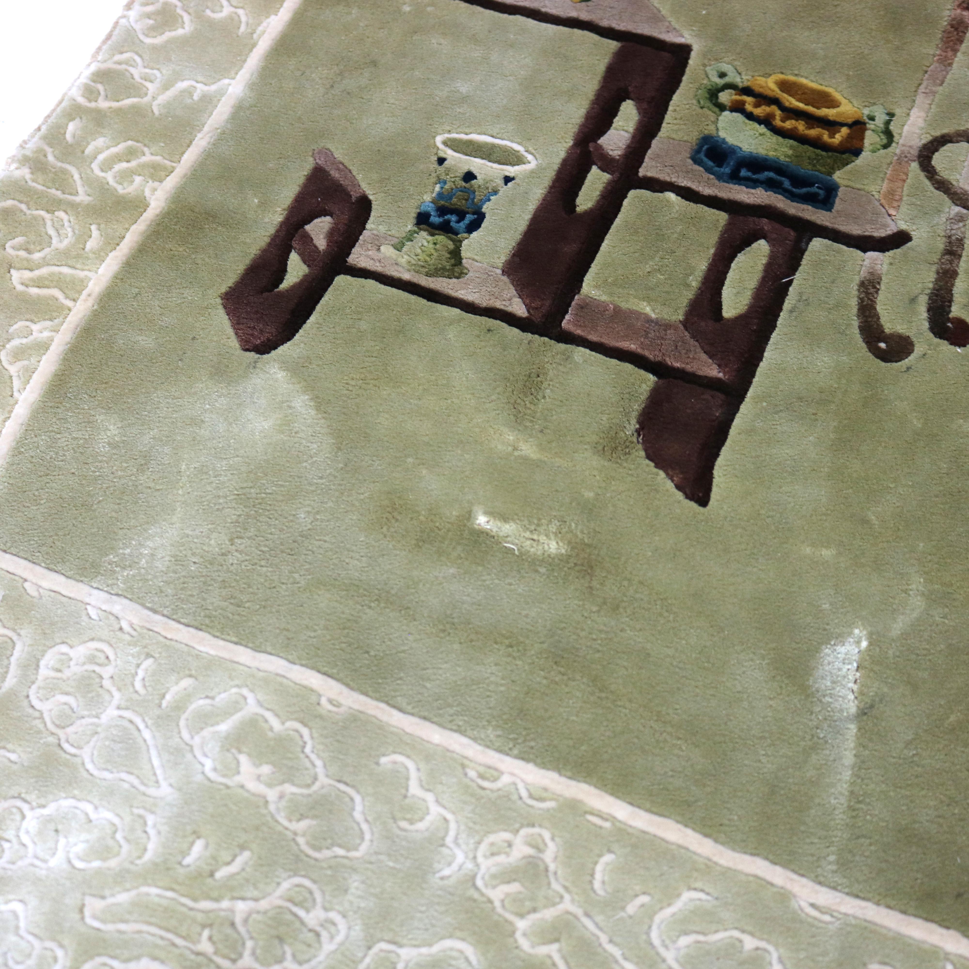Vintage Chinese Silk Rug with Garden Scene C1940 For Sale 9