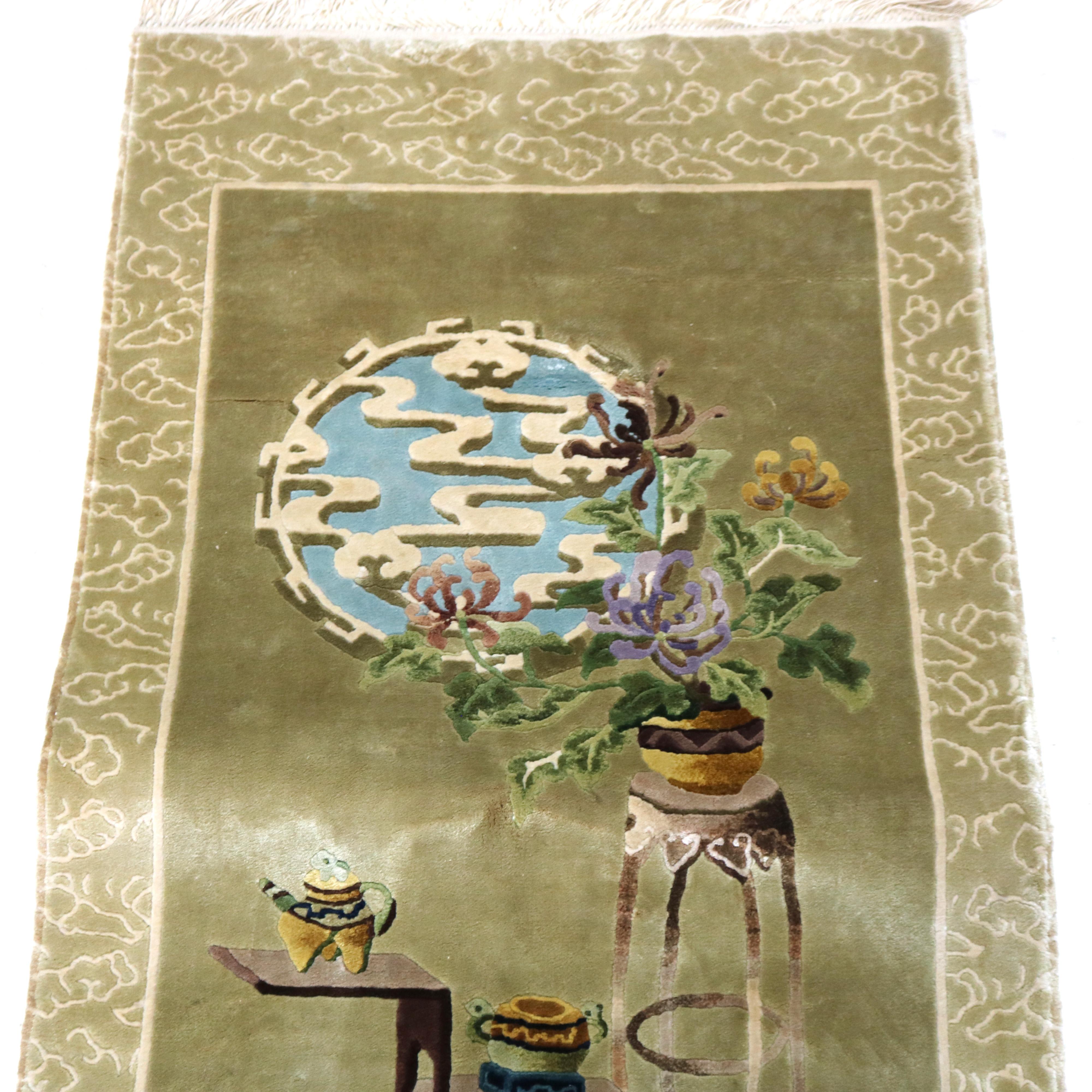 Vintage Chinese Silk Rug with Garden Scene C1940 For Sale 10