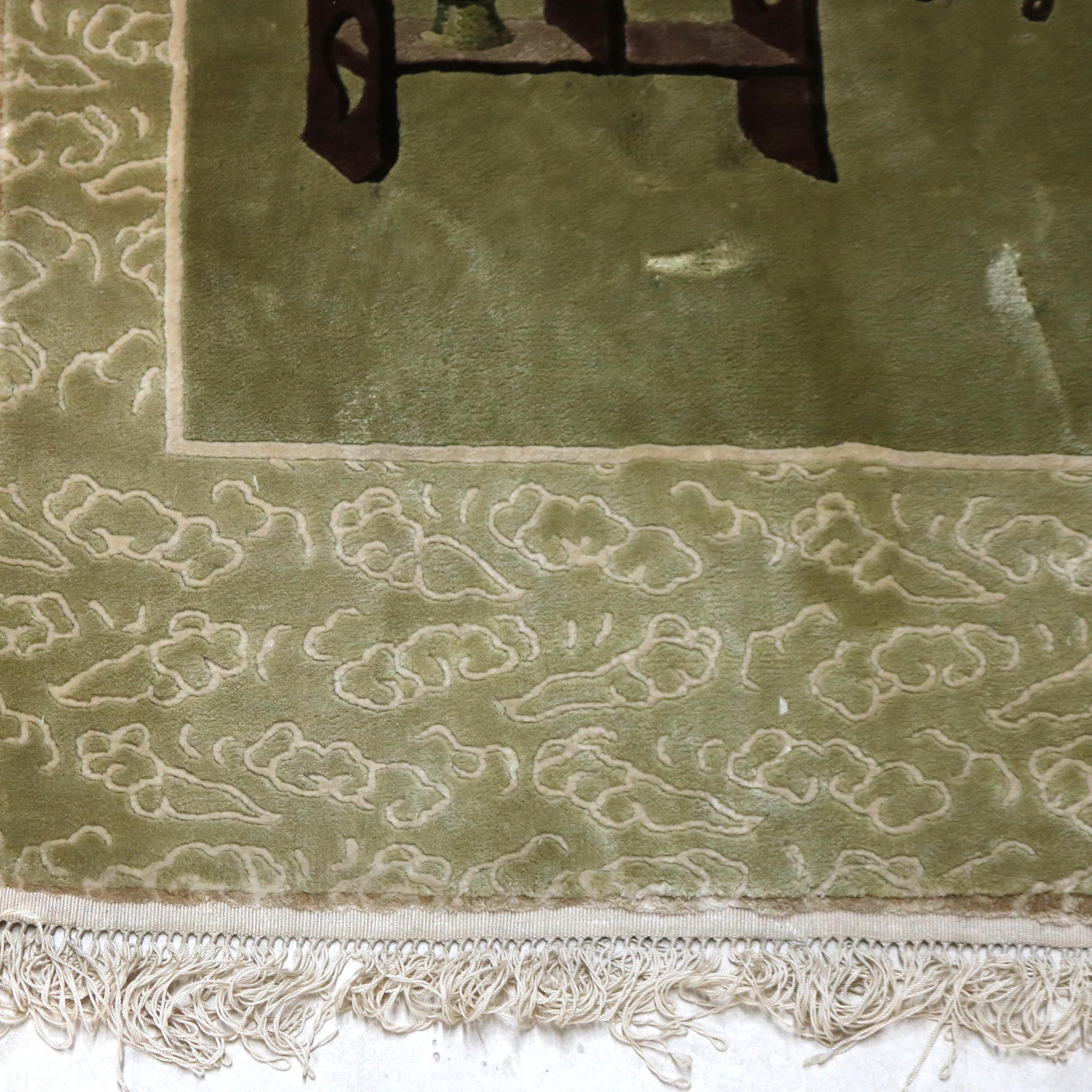 Vintage Chinese Silk Rug with Garden Scene C1940 In Good Condition For Sale In Big Flats, NY