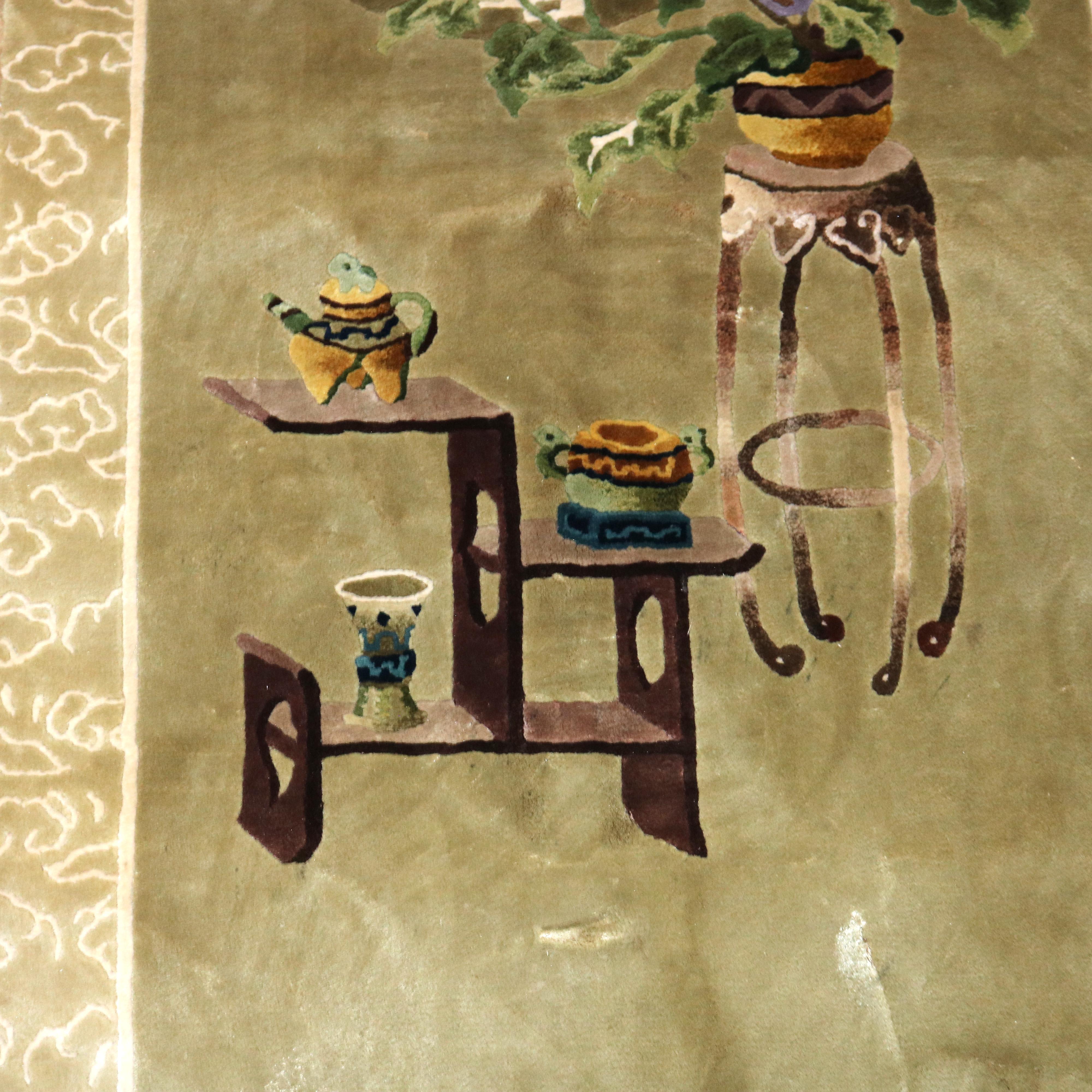 20th Century Vintage Chinese Silk Rug with Garden Scene C1940 For Sale