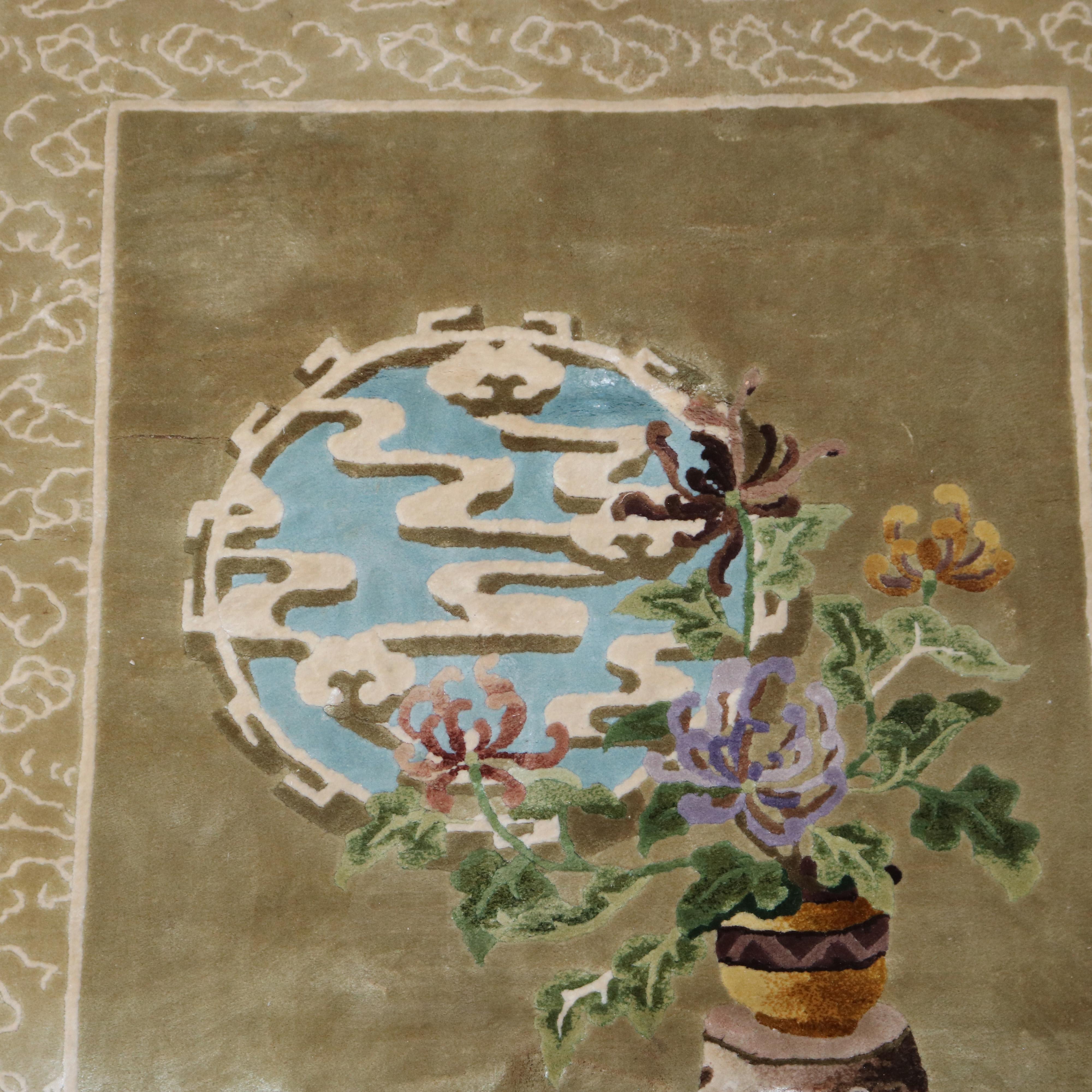 Vintage Chinese Silk Rug with Garden Scene C1940 For Sale 1