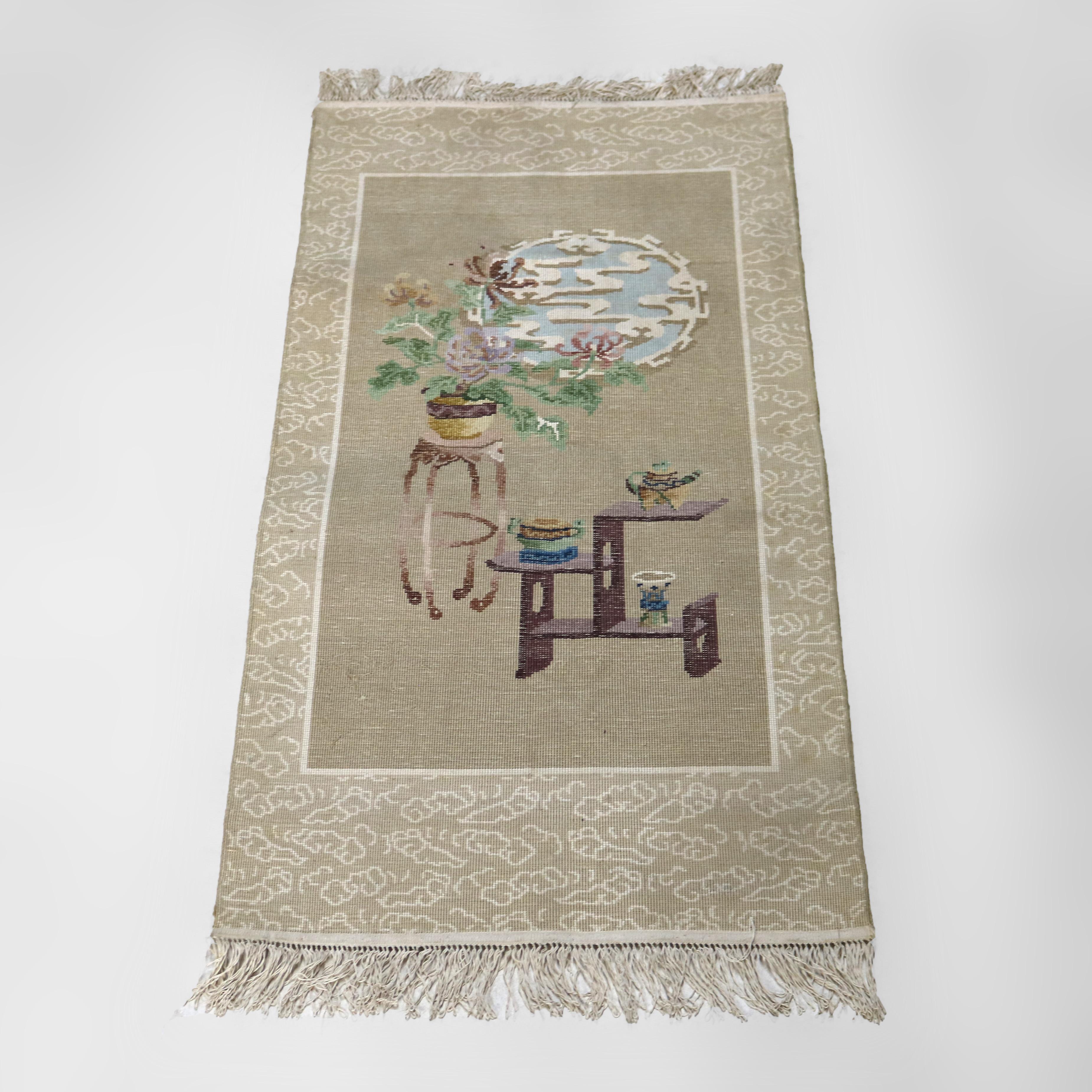Vintage Chinese Silk Rug with Garden Scene C1940 For Sale 4