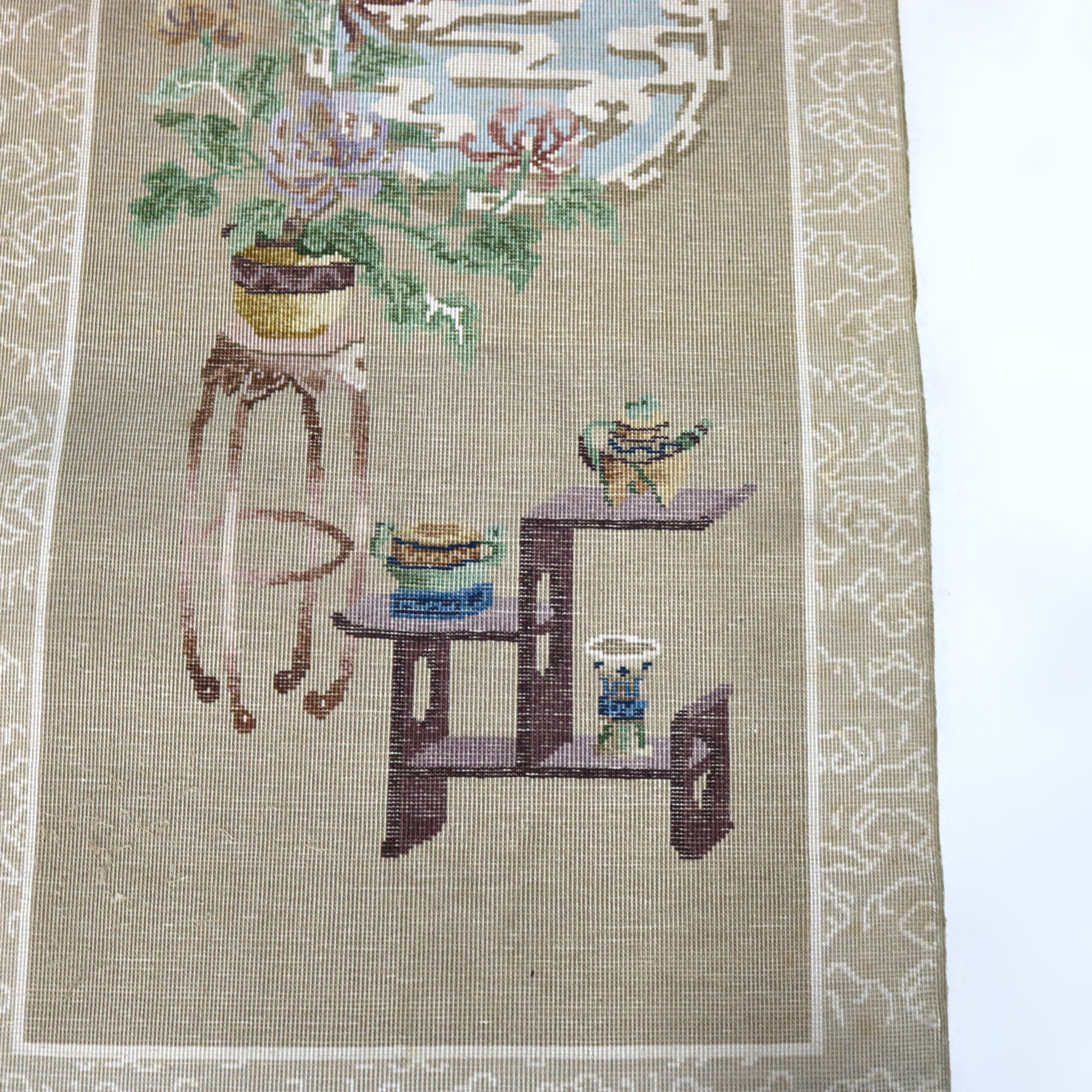 Vintage Chinese Silk Rug with Garden Scene C1940 For Sale 5