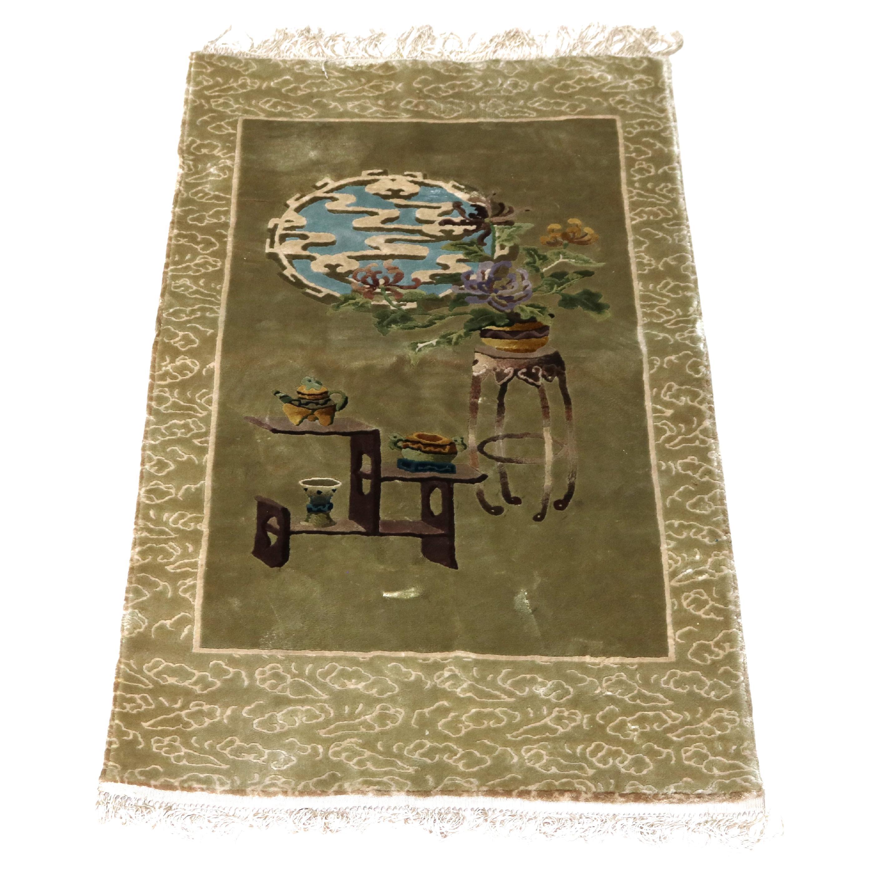 Vintage Chinese Silk Rug with Garden Scene C1940 For Sale