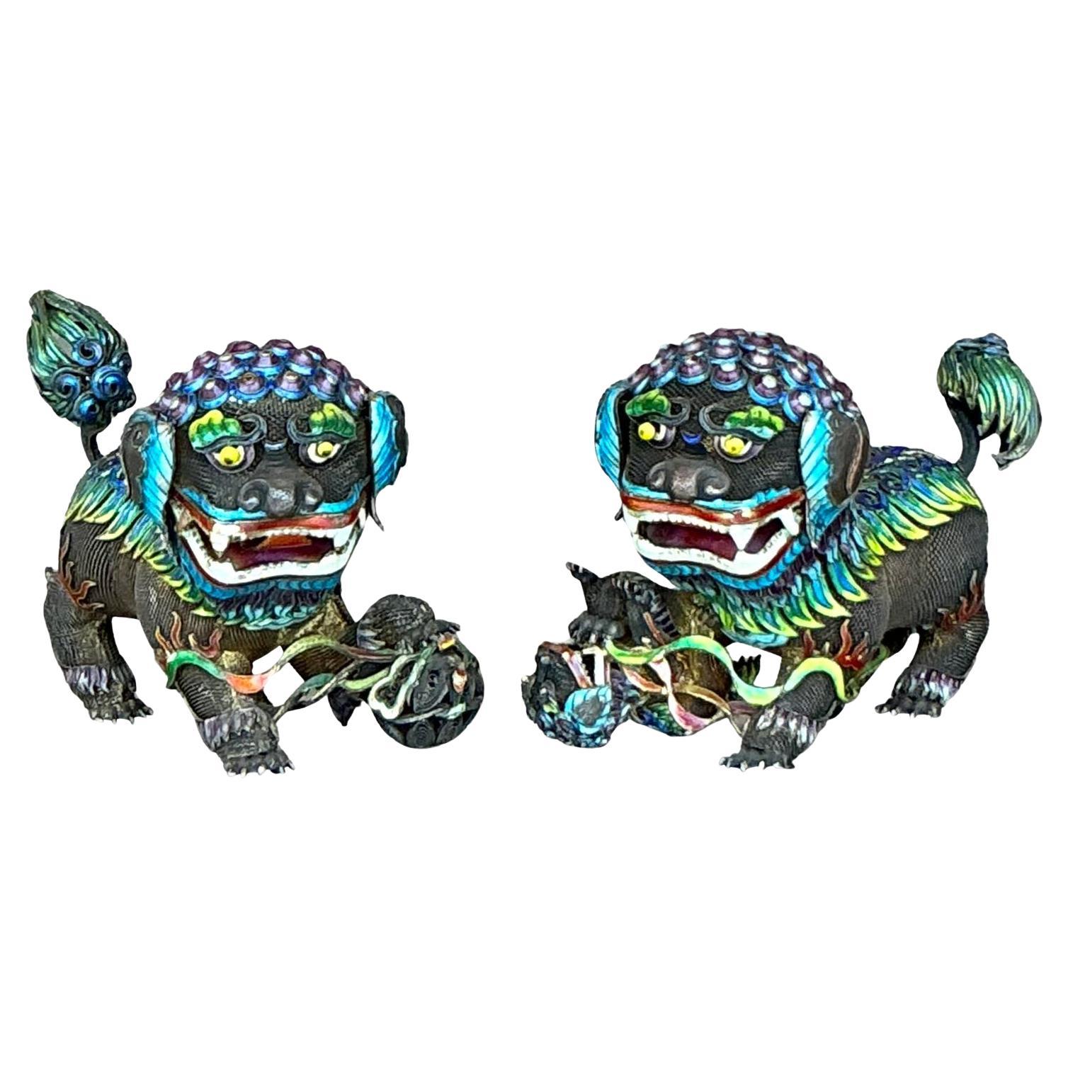 Vintage Chinese Silver 925 Enameled Foo Dogs - Set of 2