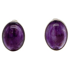 Vintage Chinese Silver and Amethyst Cabochon Clip-On Earrings