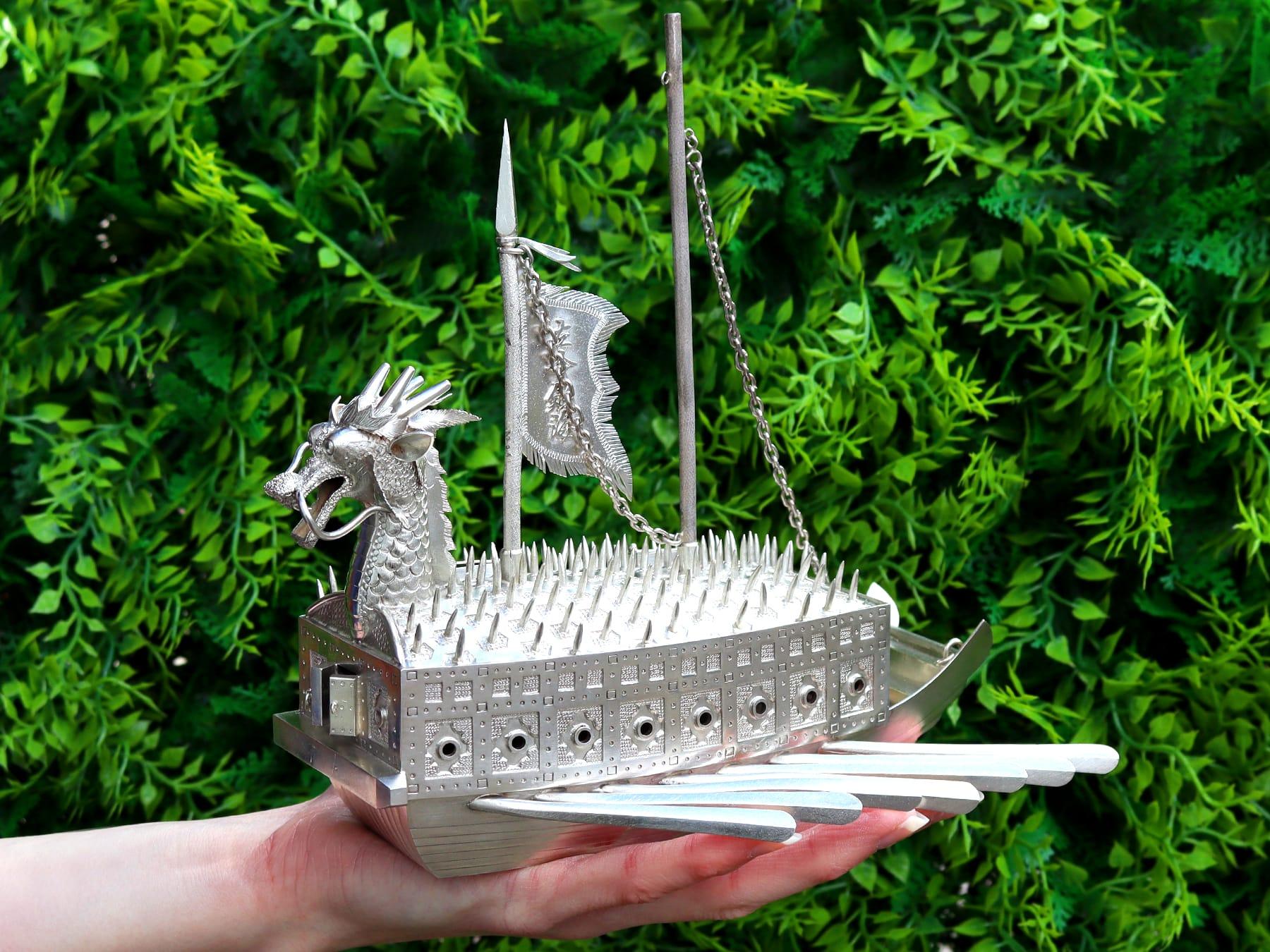 An exceptional, fine and impressive Asian silver warship / turtle ship ornament; an addition to our diverse related silverware collection.

This exceptional vintage Asian silver ornament has been realistically modelled in the form of a