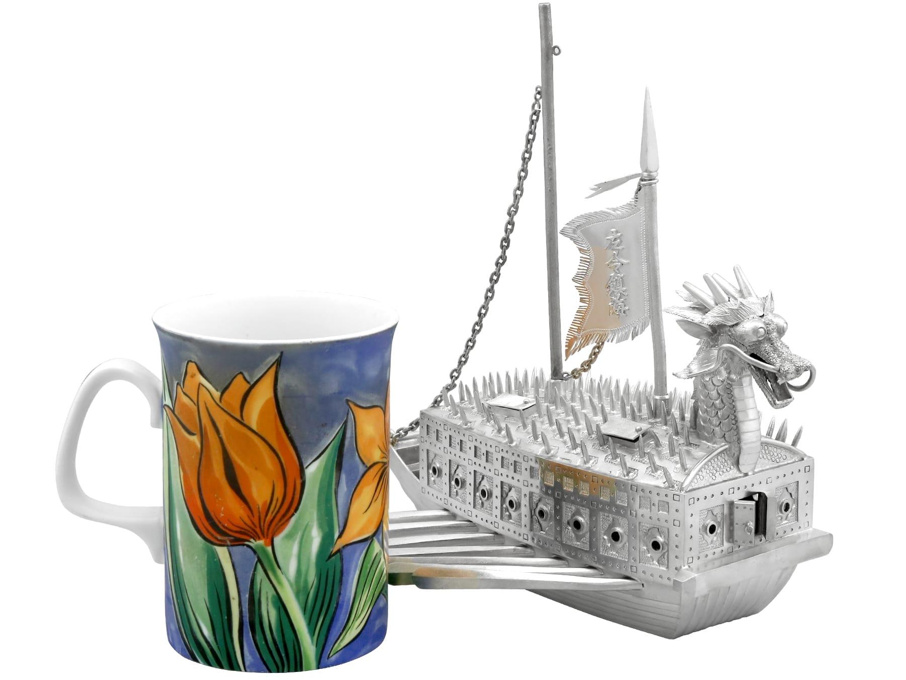 Vintage Asian Silver Warship / Tutle Ship Ornament For Sale 2