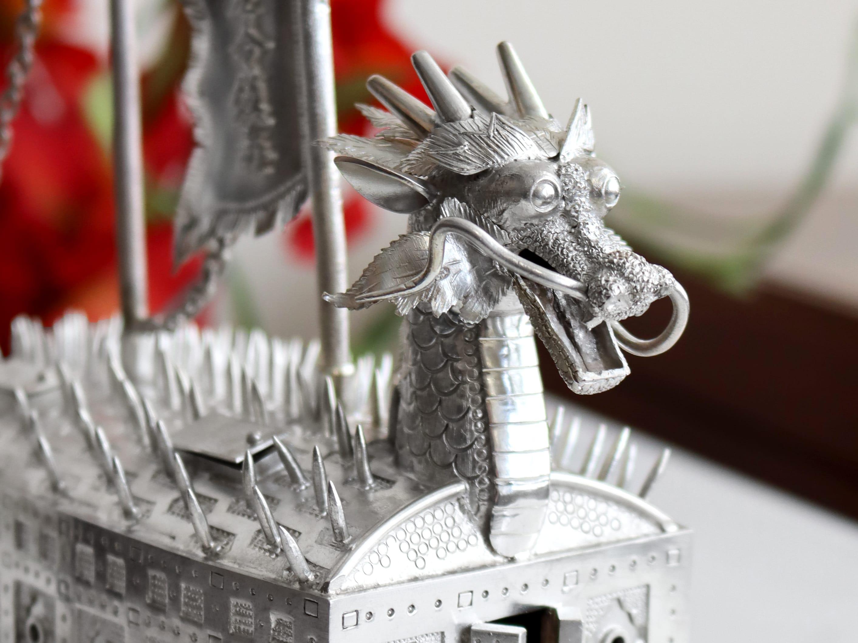Late 20th Century Vintage Asian Silver Warship / Tutle Ship Ornament For Sale