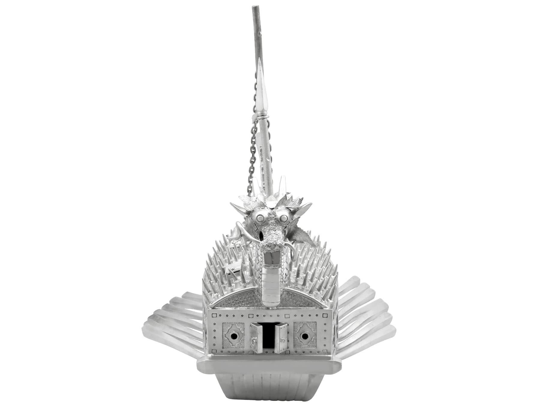 Vintage Asian Silver Warship / Tutle Ship Ornament For Sale 3