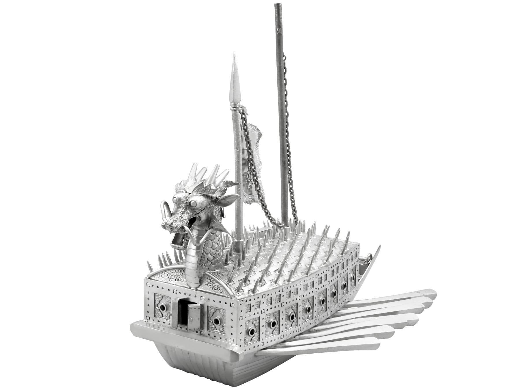 Vintage Asian Silver Warship / Tutle Ship Ornament For Sale 4