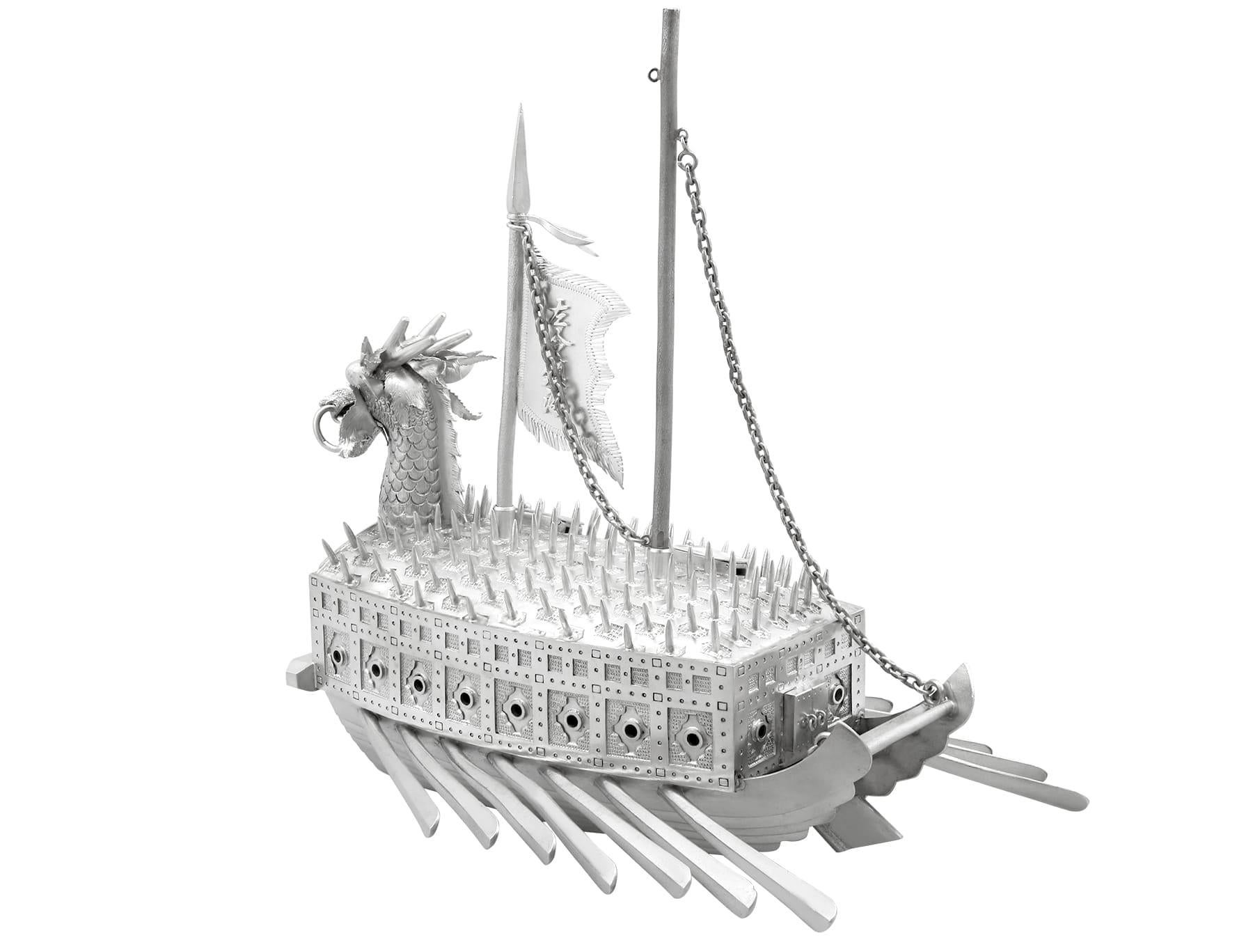 Vintage Asian Silver Warship / Tutle Ship Ornament For Sale 5