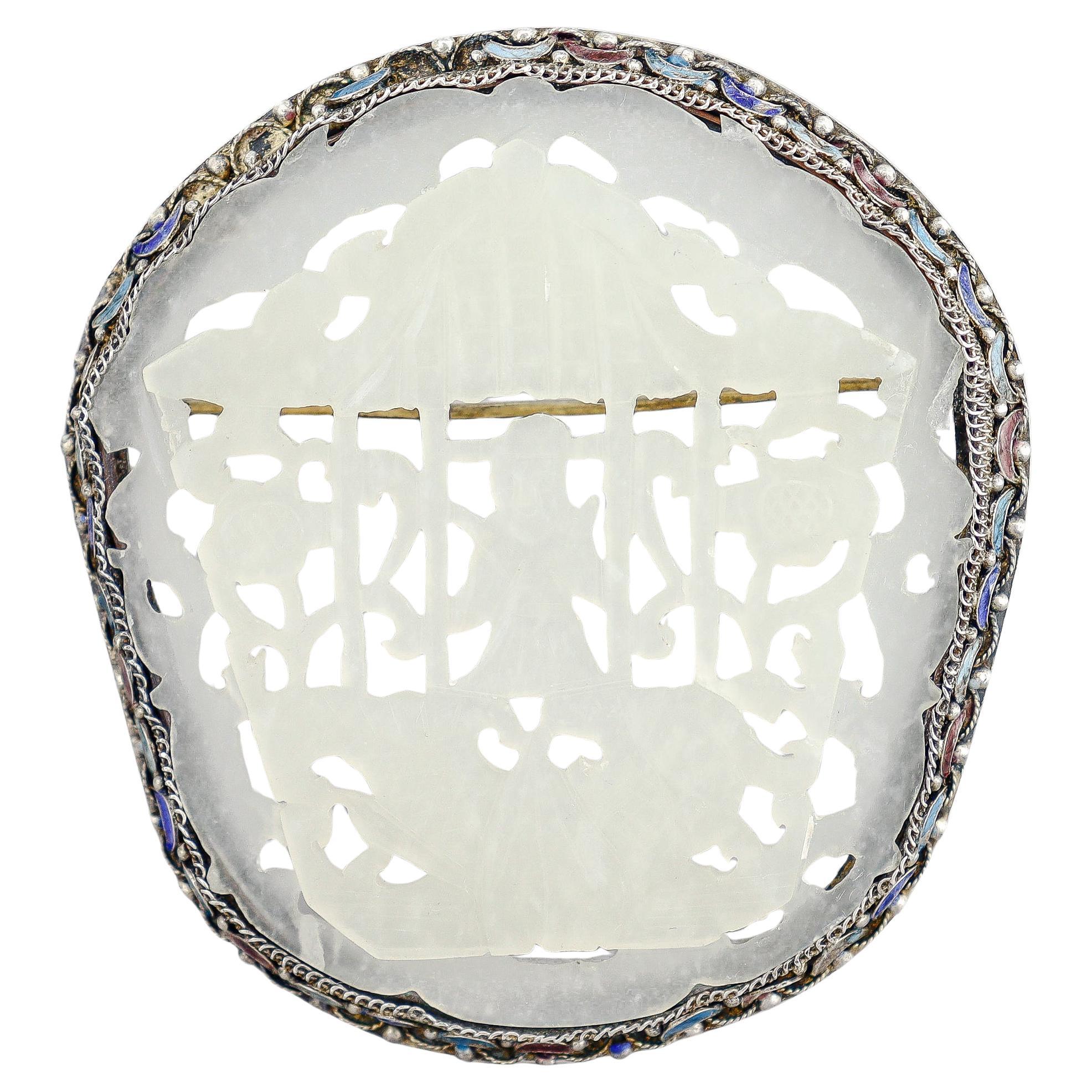 Vintage Chinese Silver, Carved Jade, and Enamel Brooch