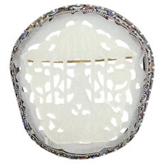 Vintage Chinese Silver, Carved Jade, and Enamel Brooch