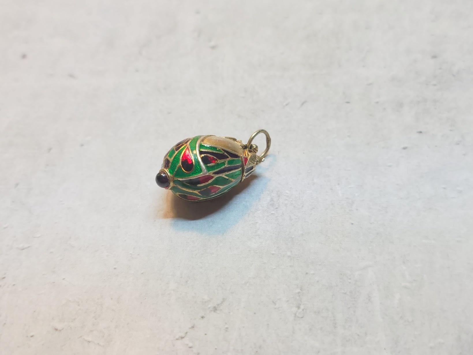 Cabochon Vintage Chinese Silver Gilt Enamel Egg Pendant For Sale