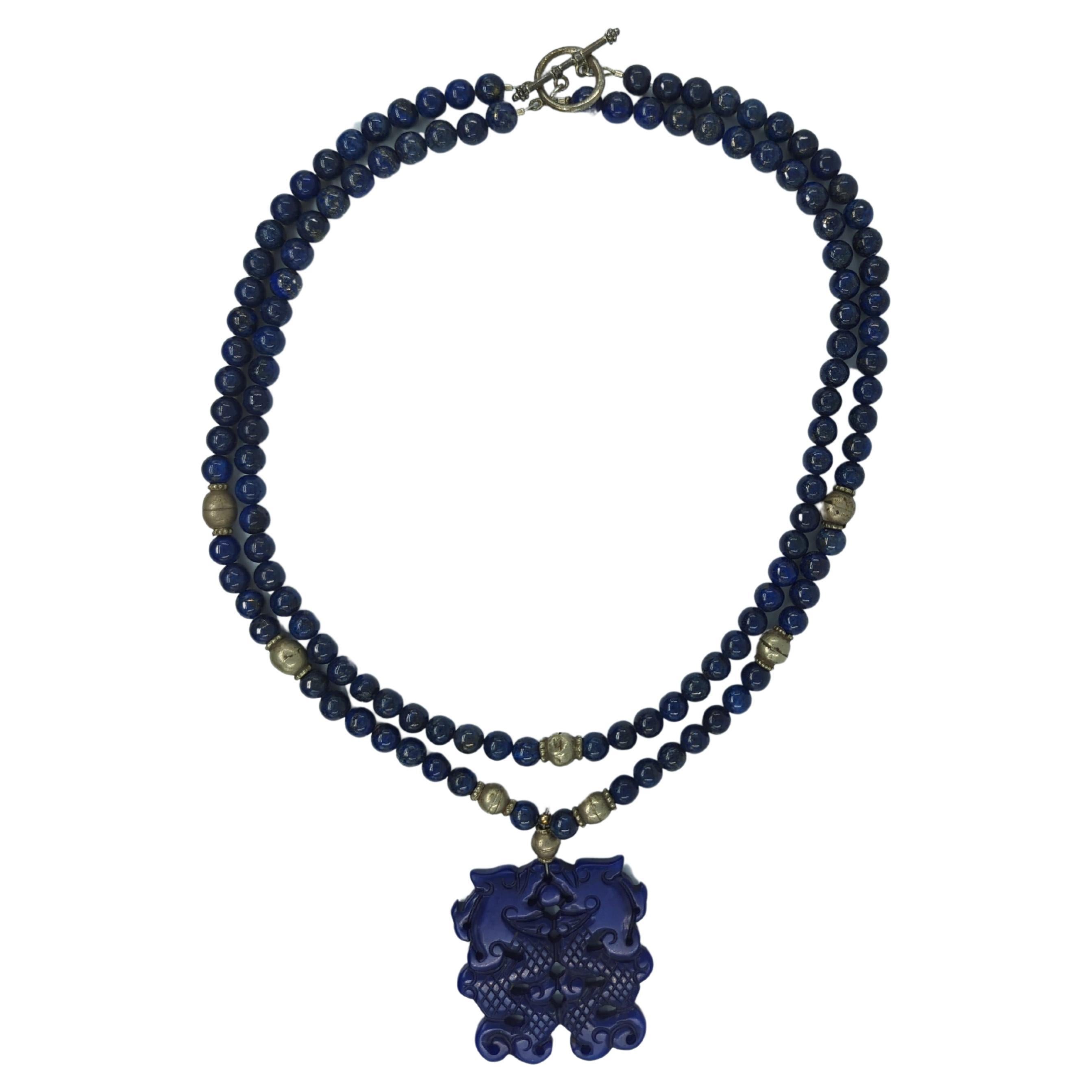 Vintage Chinese Silver Lapis Lazuli Necklace Double Dragon Pendant Multi-wear  For Sale 3